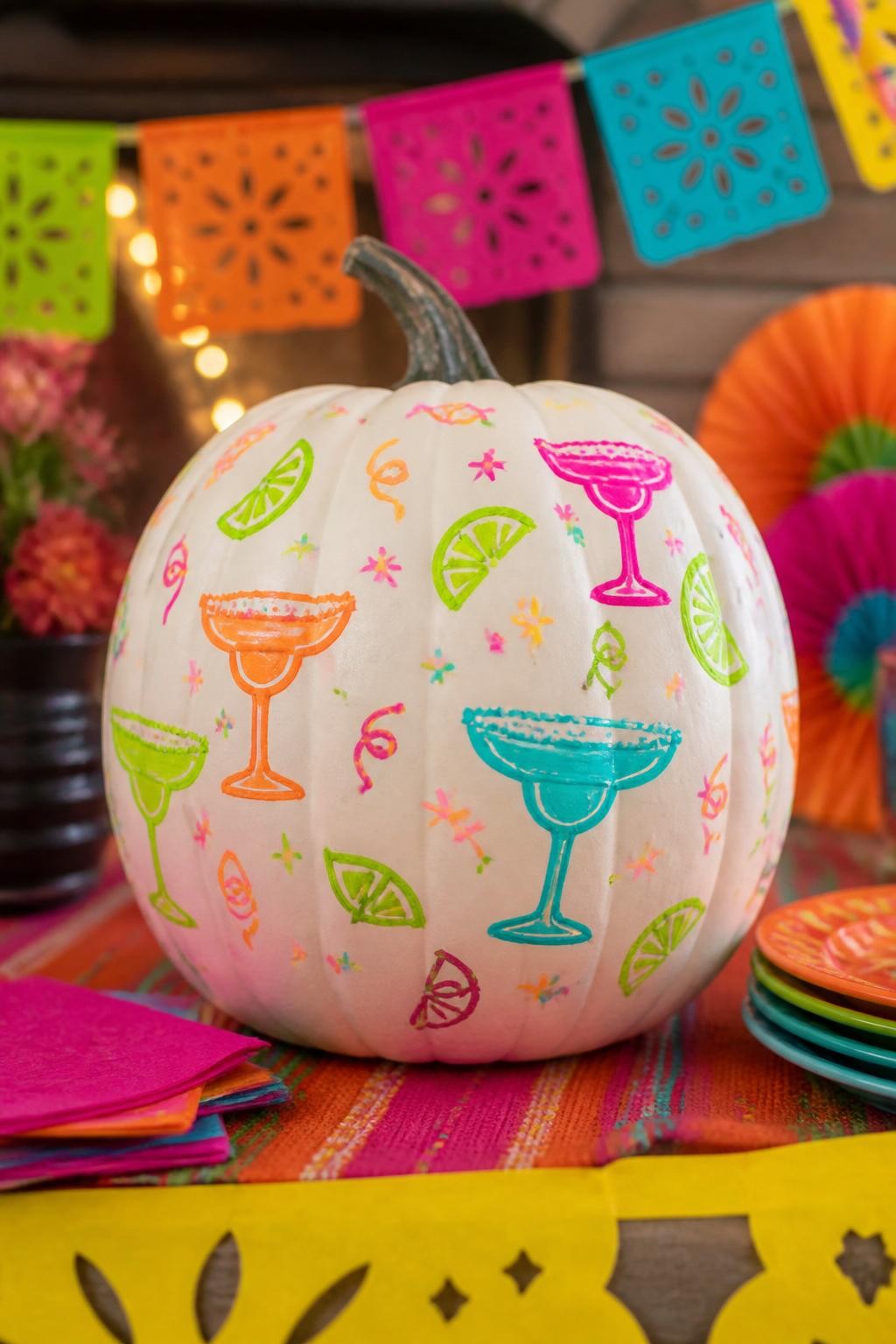 Image Prompt: A realistic DSLR photo of a white pumpkin decorated with neon lime, hot pink, orange, and turquoise margarita-themed doodles, including glasses, lime wedges, salt sprinkles, stars, and tiny party streamers, displayed on a bright fiesta table with papel picado banner, colorful napkins, and warm party lighting, trendy fall celebration decor.