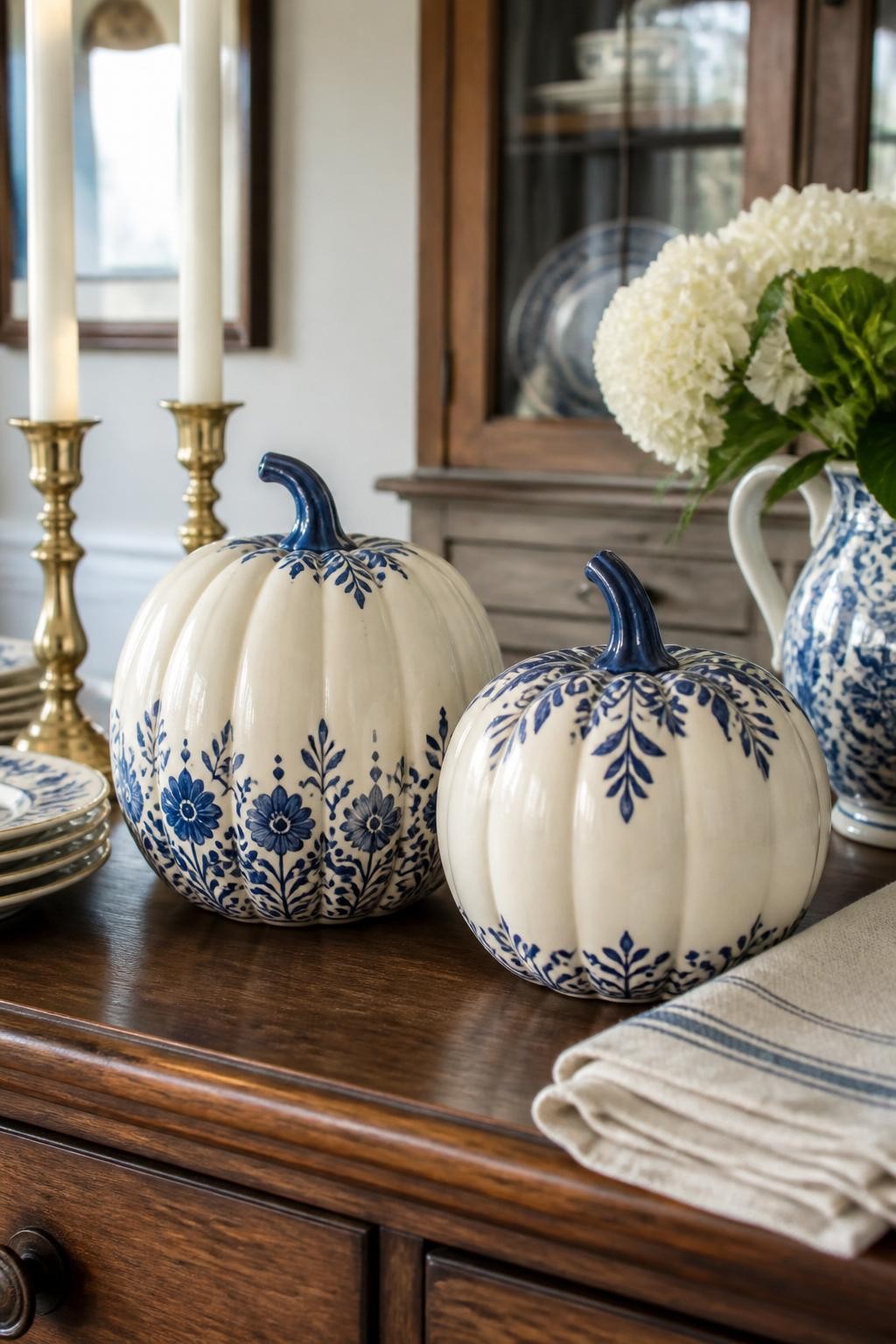 Horizontal 16:9 realistic iPhone photograph of two finished warm-white ceramic pumpkins decorated with hand-painted cobalt-blue flowers, curling vines, leaves, dots, and simple borders inspired by vintage pottery, one design dense around the base and the other concentrated near the stem, displayed on a dining sideboard beside blue-and-white dishes, brass candlesticks, and folded cream linen, soft morning daylight, authentic fired glaze shine, visible handmade brushwork, no text.