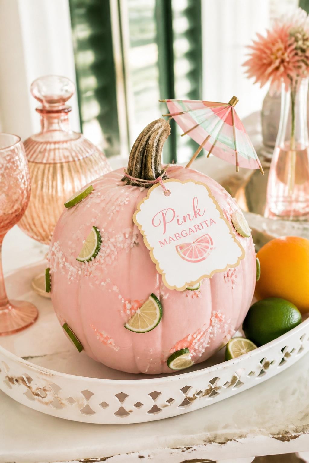 Image Prompt: A realistic DSLR photo of a blush pink pumpkin decorated with tiny lime slices, white faux salt dots, coral paint accents, a small paper cocktail umbrella, and a gold-rimmed tag that says “Pink Margarita,” styled on a white tray with pink glassware, citrus fruit, and warm natural daylight, chic feminine fall party decor.