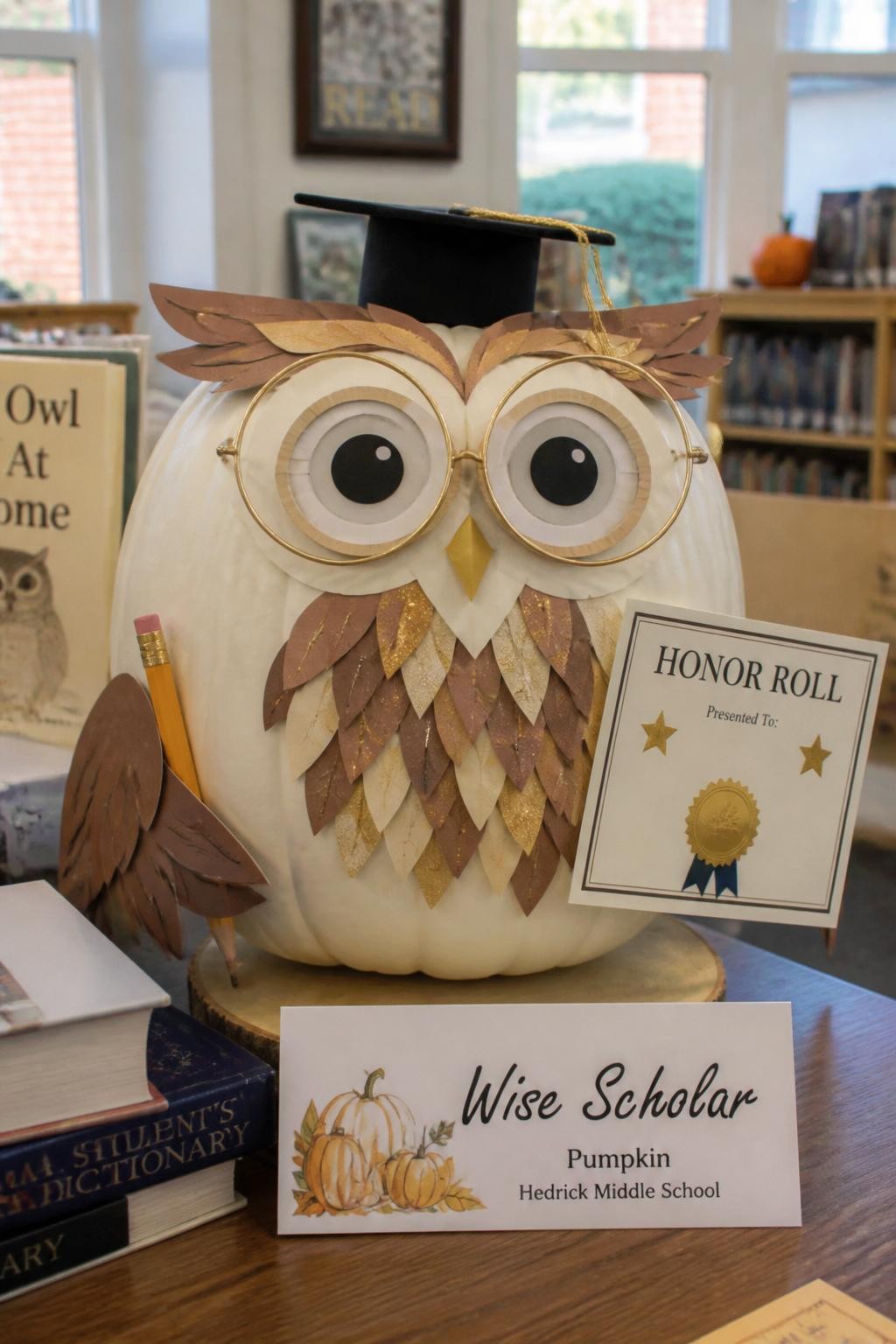 Image Prompt: A realistic DSLR photo of a white pumpkin decorated as a wise school owl, with large paper eyes, round glasses, layered brown and gold paper feathers, tiny graduation cap, pencil tucked beside one wing, and a mini honor roll certificate, displayed on a library desk with books and warm natural light, cute academic pumpkin contest display.