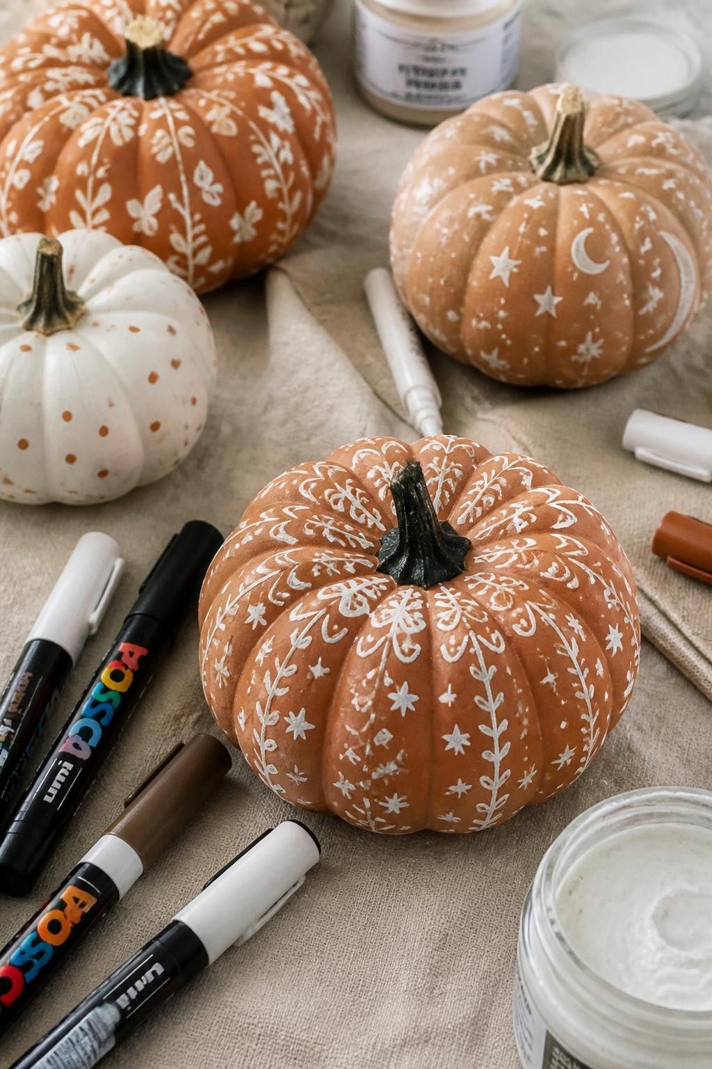 Image Prompt: A realistic DSLR close-up photo of small pumpkins decorated with raised white paint doodles, including tiny stars, vines, dots, swirls, and scalloped lines, arranged on a neutral craft table with paint pens, textured paste, and linen fabric, bright natural light, modern handmade fall decor style.