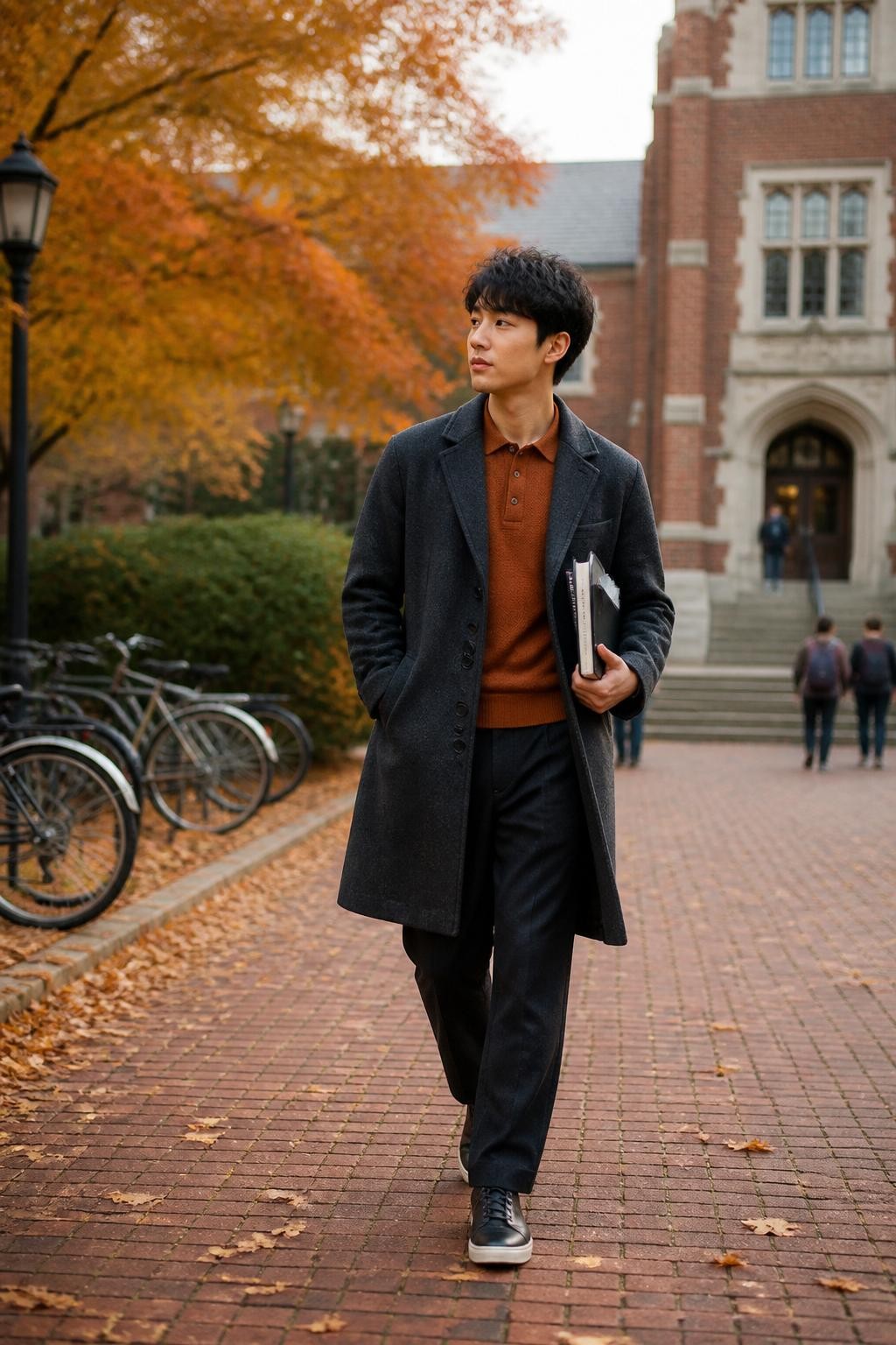Image Prompt: A realistic DSLR photograph of an East Asian teenage boy walking along a brick school pathway lined with amber trees. He wears a charcoal wool coat over a rust knitted polo, relaxed dark trousers, and clean leather sneakers. A slim notebook and one textbook are tucked beneath his arm while his free hand rests inside his coat pocket. Capture him mid-step with his shoulders angled slightly away and his face turned toward the old school building. A bicycle rack, stone steps, and softly blurred students appear in the distance. Natural skin texture, realistic book proportions, cool overcast daylight, subtle movement in the coat, confident modern senior portrait.