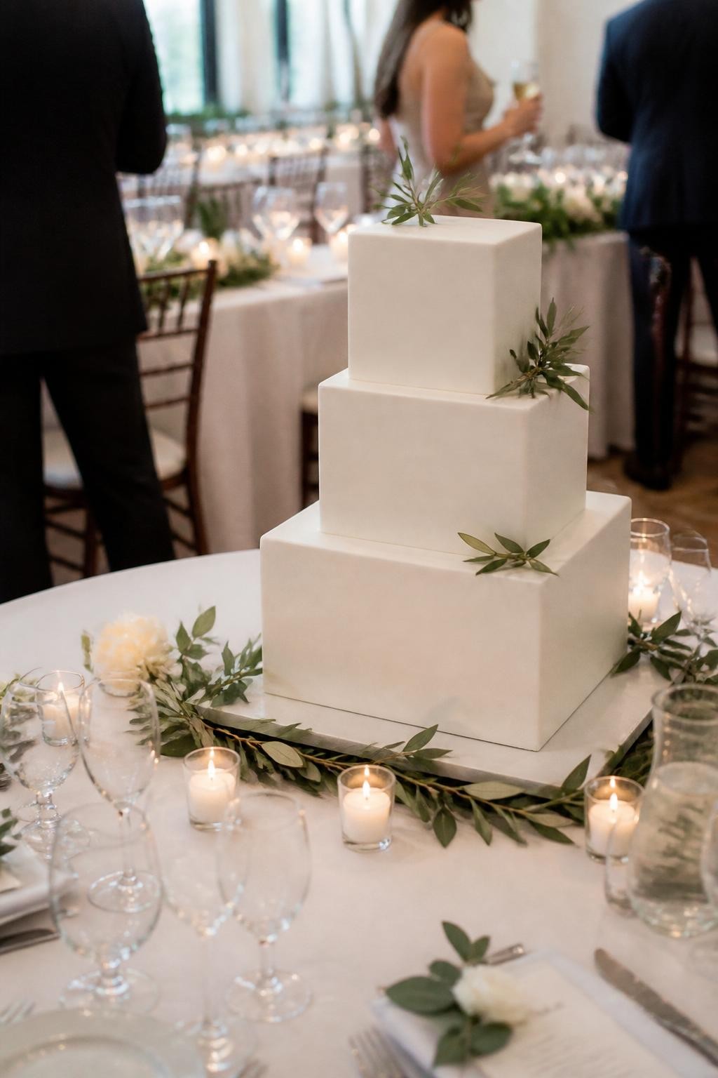 Image Prompt: Ultra-realistic wedding reception image of a minimal modern square wedding cake with smooth white tiers, sharp edges, and simple greenery details placed lightly on the corners and base. Use eucalyptus, olive leaves, or small vine accents. Place the cake on a clean cake table with candles, white linens, greenery centerpieces, glassware, and a softly blurred wedding party background. No visible faces. If people appear, show only back views, side views, cropped hands, or neck-down figures. Realistic greenery, clean cake lines, natural DSLR event photography. (no watermarks on images)