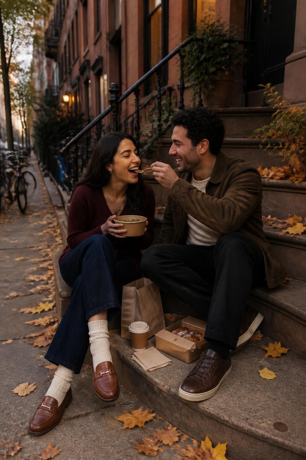 Image Prompt: A realistic DSLR lifestyle photograph of a young Mediterranean couple sitting together on the lower steps of a red-brown city townhouse during fall. The woman wears relaxed dark denim, a fitted burgundy cardigan, cream socks, and brown loafers. The man wears an olive suede jacket over an oatmeal knit top, dark trousers, and leather sneakers. Between them sits a paper bag containing warm takeout food, two closed paper cups, folded napkins, and a small box of pastries. One partner holds a food container while the other reaches across with a fork, both laughing naturally. Copper leaves line the staircase edges, warm window lights glow behind them, and bicycles blur softly along the street. Natural tan skin tones, realistic food packaging, visible knit and stone textures, relaxed neighborhood romance.