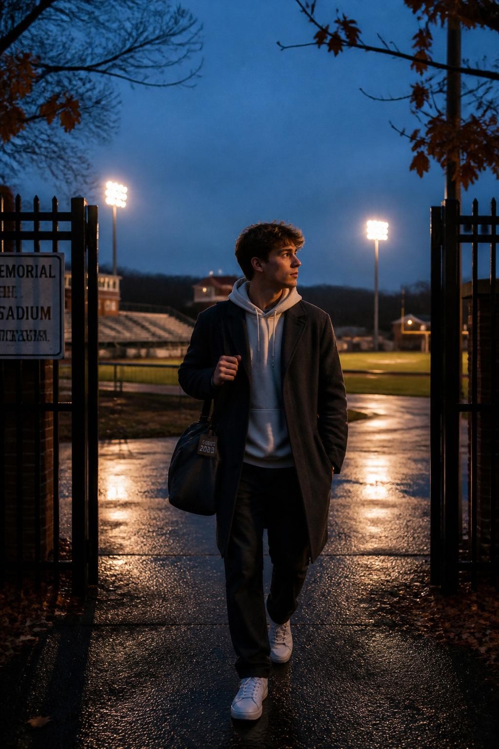 Image Prompt: A cinematic but realistic DSLR photograph of a white teenage boy walking out through the gates of a small school stadium at blue hour. He wears a long charcoal coat over a cream hoodie, dark trousers, and clean trainers. A duffel bag hangs from one shoulder, with a subtle graduation-year tag attached to the strap. Warm stadium lights glow behind him while the remaining sky is deep blue. He turns his head back toward the field as he walks away, one hand holding the bag strap. Damp pavement reflects the lights, bare branches and a few copper leaves frame the gate. Natural skin texture, realistic low-light exposure, subtle motion, emotional but understated senior storytelling.