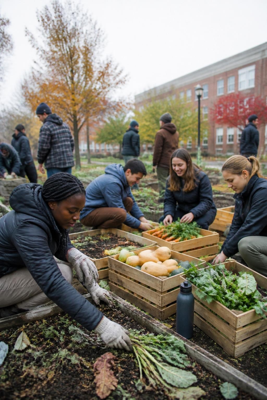 Image Prompt: College students volunteering in a community garden near campus on a cool fall morning, wooden crates filled with squash, carrots and leafy greens, one Black woman in work gloves clearing a raised bed while friends sort vegetables for donation, practical jackets, muddy sneakers and reusable water bottles, other volunteers working naturally in the background, pale overcast daylight, documentary-style DSLR photography, no staged poses, no visible organization logos, no text.