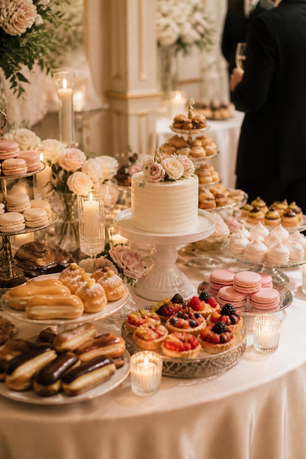 Image Prompt: Ultra-realistic wedding reception photo of a French patisserie inspired dessert display with a small elegant wedding cake surrounded by macarons, fruit tartlets, éclairs, cream puffs, and delicate pastries. Style the display on a beautiful reception dessert table with candles, flowers, fine linens, champagne glasses, and a softly blurred French-style wedding venue backdrop. Keep the dessert display as the main focus. No visible faces. If people appear, show only cropped hands, back views, side views, or neck-down figures. Realistic pastry textures, elegant table styling, soft warm DSLR wedding photography. (no watermarks on images)