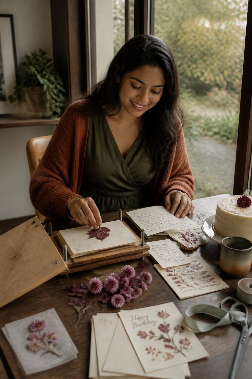 Image Prompt: A realistic indoor lifestyle photograph of a young South Asian woman seated at a large wooden table beside a tall window. She wears a dark olive wrap dress with a soft rust cardigan draped over her shoulders. The table holds an open wooden flower press, burgundy leaves, small chrysanthemums, blotting paper, handwritten birthday notes, ribbon, and several finished pressed-flower cards. A simple cream cake decorated with one edible flower rests safely at the far end. She carefully positions one leaf between sheets of paper while smiling down at a note. Natural brown skin texture, diffused autumn daylight, realistic botanical details, warm editorial color palette.