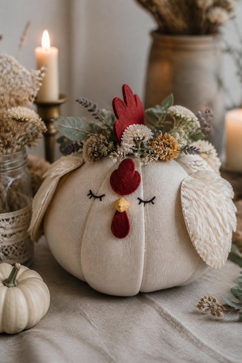 Image Prompt: A realistic DSLR photo of a soft beige pumpkin decorated as a cottage-style hen, with muted red felt comb, tiny beak, painted sleepy eyes, cream feather wings, small flower crown made from dried daisies, baby’s breath, lavender, and eucalyptus, arranged on a linen-covered table with candles and dried flowers, gentle fall cottage decor photography.