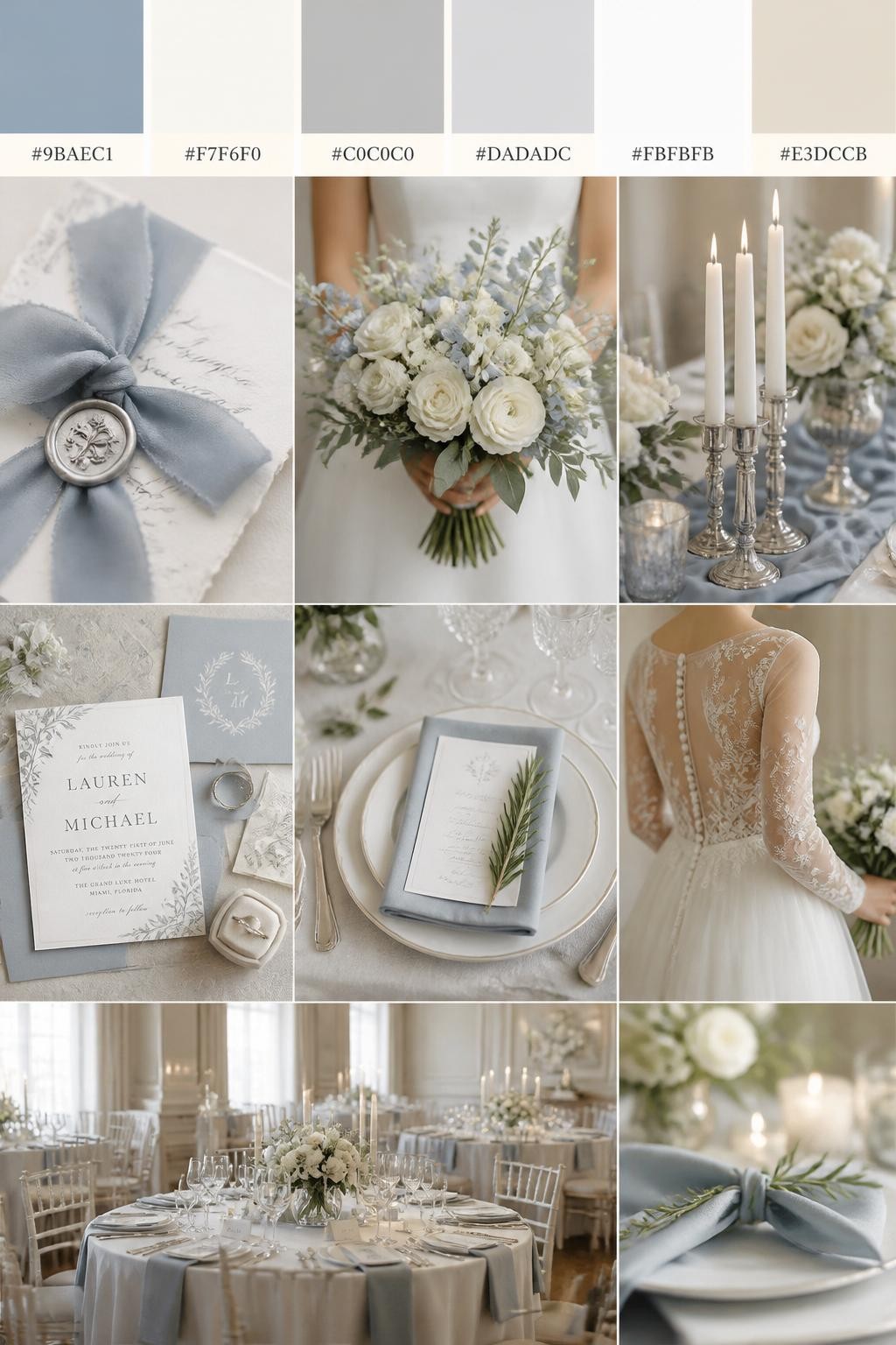 Image Prompt:
A realistic wedding color mood board in a vertical collage style. Add a top strip of palette swatches with hex codes in dusty blue, ivory, silver, pale gray, soft white, and warm beige. Below, show realistic wedding details like dusty blue ribbon, ivory flowers, silver candle holders, elegant table settings, formal invitations, a bouquet held in front of the body with no face shown, back-view bridal detail shots, and a calm no-people reception scene in a refined indoor venue. Use no clear faces, with a mix of cropped body details, hands-only shots, and no-people styling scenes. The look should feel soft, classic, elegant, and polished with DSLR realism. 9:16 vertical format. (no watermarks on images)