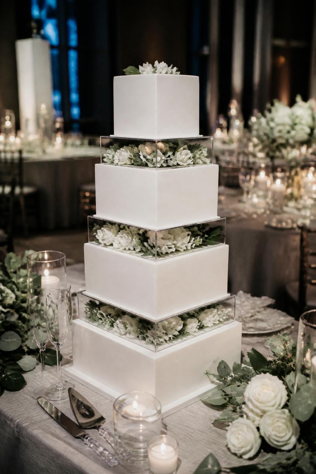 Image Prompt: Ultra-realistic wedding party scene featuring a modern square wedding cake with sharp white tiers and clear acrylic separators between some layers. Add delicate flowers or subtle greenery inside the separator spaces for an elegant finish. Place the cake on a refined reception cake table with candles, glassware, florals, modern linens, and a softly blurred venue backdrop. No visible faces. If guests appear, show only blurred side views, back views, cropped hands, or neck-down figures. Realistic acrylic detail, clean icing texture, crisp square tiers, soft wedding lighting, DSLR realism. (no watermarks on images)