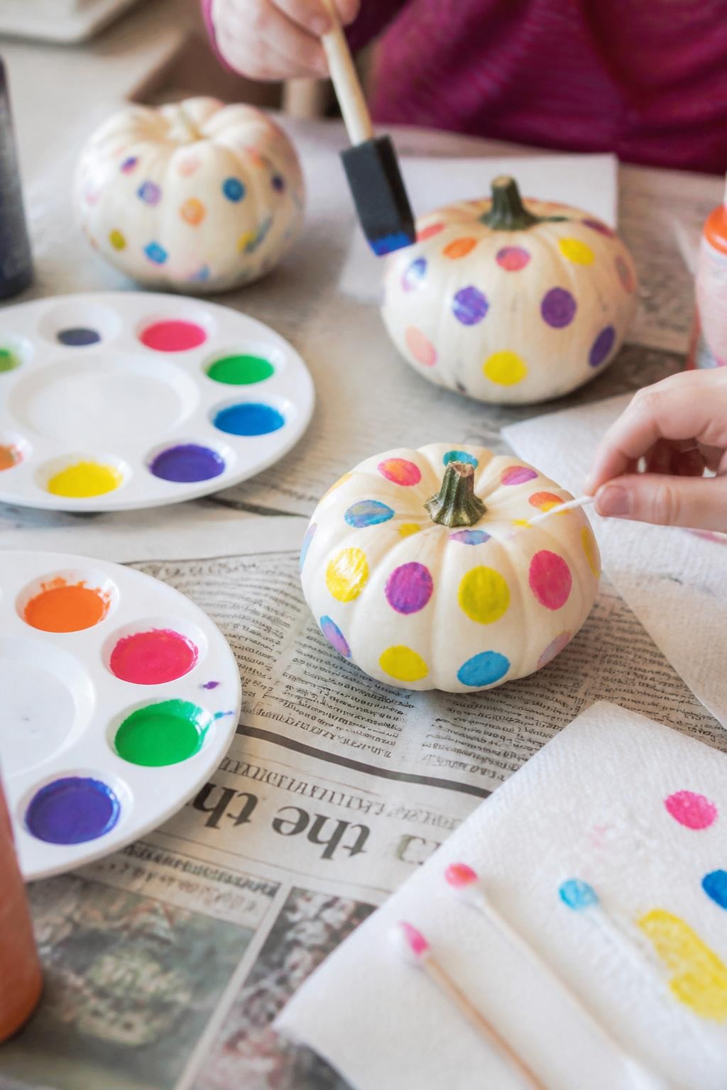 Image Prompt: A realistic DSLR close-up photo of small white pumpkins decorated with colorful washable paint dots in pink, blue, yellow, green, orange, and purple, using cotton swabs and sponge brushes, arranged on a newspaper-covered table with paint trays, paper towels, and child hands adding dots, bright natural light, clean kid-friendly fall craft photography.