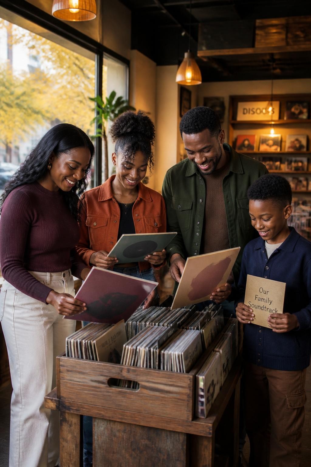 Image Prompt: A realistic DSLR photograph of a Black family of four browsing inside an independent record shop. The mother has deep brown skin and wears a fitted plum sweater with cream trousers, while the father wears a forest green overshirt over a cocoa knit top. Their teenage daughter wears a cropped rust jacket with dark denim, and their younger son wears a navy cardigan and relaxed brown trousers. They stand around one record bin, each choosing a plain sleeve with abstract artwork. The son holds a handmade card reading “Our Family Soundtrack” in subtle lettering. Warm wooden shelving, amber pendant lights, and a front window showing yellow trees create the background. Accurate dark skin tones, natural hair textures, realistic hands and album proportions, candid smiles, modern editorial photography.