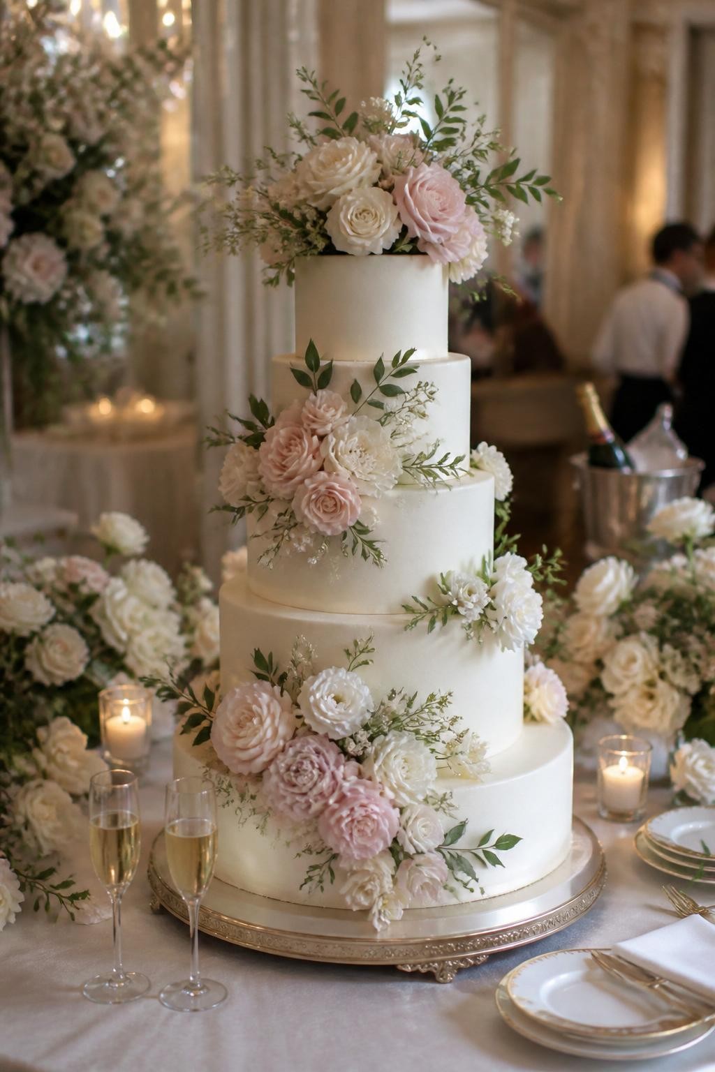 Image Prompt: Ultra-realistic wedding party scene featuring a Parisian-inspired floral wedding cake with smooth ivory tiers, delicate roses, peonies, ranunculus, and soft greenery arranged in a refined romantic way. Style the cake on an elegant reception cake table with candles, champagne glasses, fine linens, white florals, gold-rimmed details, and a softly blurred French-style wedding venue backdrop. Keep the cake front and center. No visible faces. If guests appear, show only hands, back views, side views in blur, or cropped neck-down figures. Realistic flower texture, smooth icing, soft romantic DSLR lighting. (no watermarks on images)
