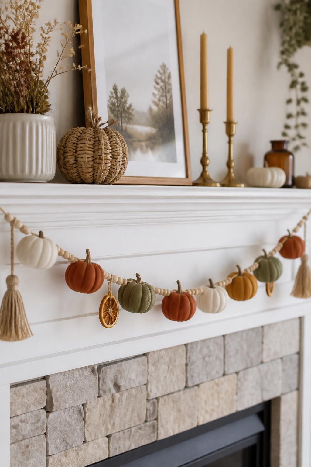 Image Prompt: A realistic DSLR photo of small foam pumpkins painted in ivory, clay, sage, rust, and muted mustard, strung into a stylish fall garland with wood beads, dried orange slices, tassels, and twine, draped across a mantel with candles, framed art, and soft natural light, modern handmade autumn decor styling.