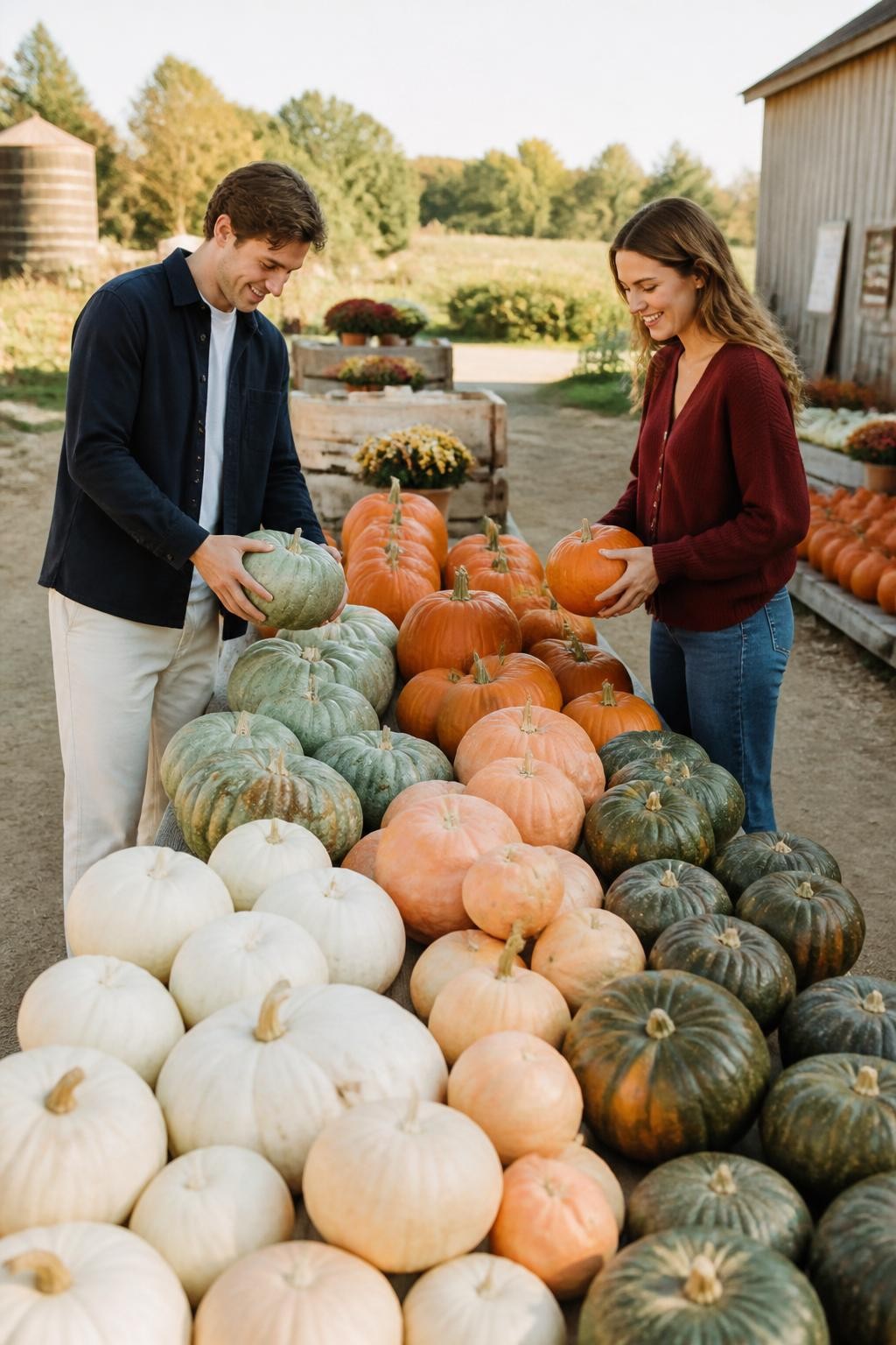 Image Prompt: A bright realistic DSLR photograph of a young white couple arranging pumpkins by color on a long wooden table at a pumpkin farm. The table contains groups of white, sage green, pale peach, deep orange, and dark green pumpkins in different sizes. One person wears a navy overshirt with cream trousers, while the other wears a burgundy cardigan and straight-leg jeans. They stand on opposite sides of the table, each holding a pumpkin while smiling toward the arrangement rather than directly at the camera. Warm morning light, realistic hands and body proportions, visible dirt and imperfections on the pumpkins, authentic farm background, modern lifestyle photography.