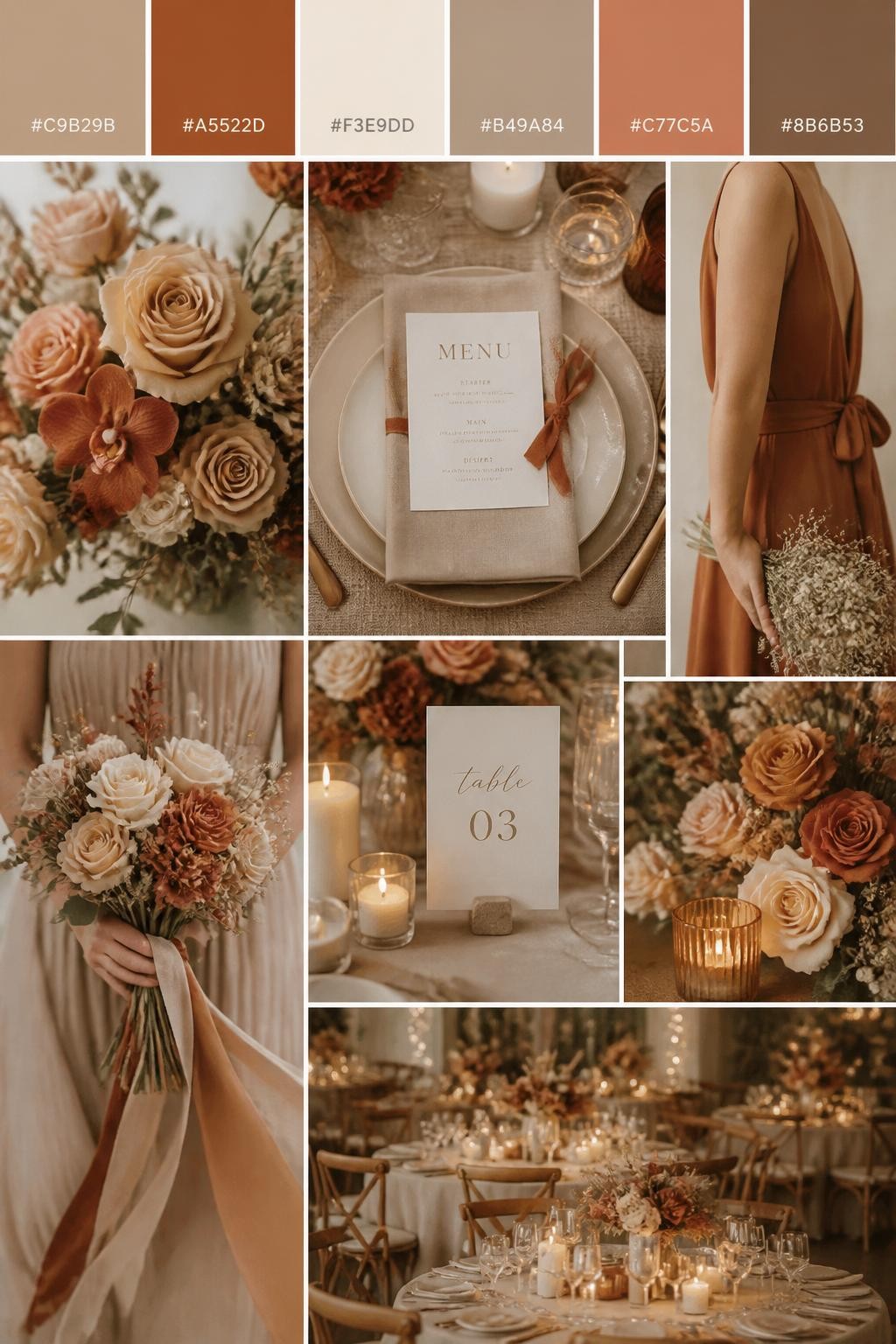 Image Prompt:
A realistic wedding mood board in a Pinterest-style collage layout. Add a top strip of swatches with small hex codes in dusty beige, rust, cream, warm taupe, clay, and soft brown. Below, create a romantic collage with rust-toned flowers, beige table decor, menu cards, bouquet close-ups, a side-view body detail of a bridesmaid dress with no face shown, hands holding flowers, and no-people reception styling under soft candlelight with earthy textures. Avoid clear faces completely by using cropped, turned-away, or detail-only compositions. DSLR-style realism, 9:16 vertical format. (no watermarks on images)