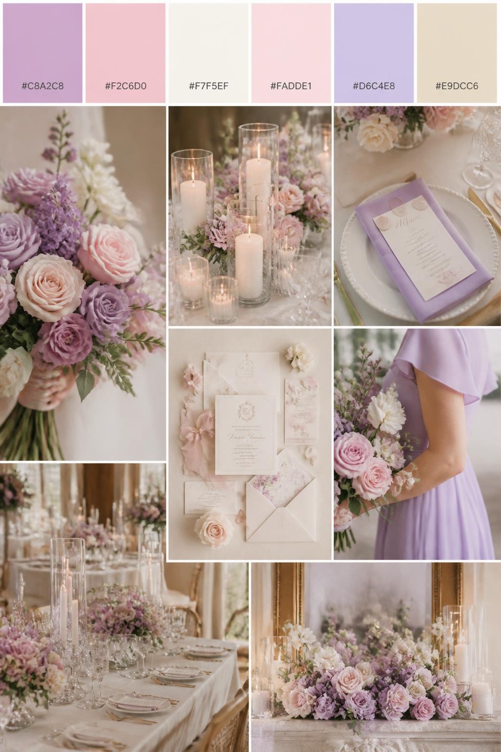 Image Prompt:
A realistic Pinterest-style wedding palette board with a top row of swatches and hex codes in lilac, blush pink, ivory, pale rose, soft lavender, and warm beige. Below the swatches, create a sweet romantic wedding collage with blush roses, lilac blooms, ivory candles, elegant place settings, romantic stationery, a side-view bouquet shot, a bridesmaid dress detail cropped below the shoulders, and a no-people reception setup with soft floral styling. Use varied no-face compositions, including hands-only details, back-view styling, side-view crops, and no-people decor scenes. DSLR photo realism, 9:16 vertical format. (no watermarks on images)