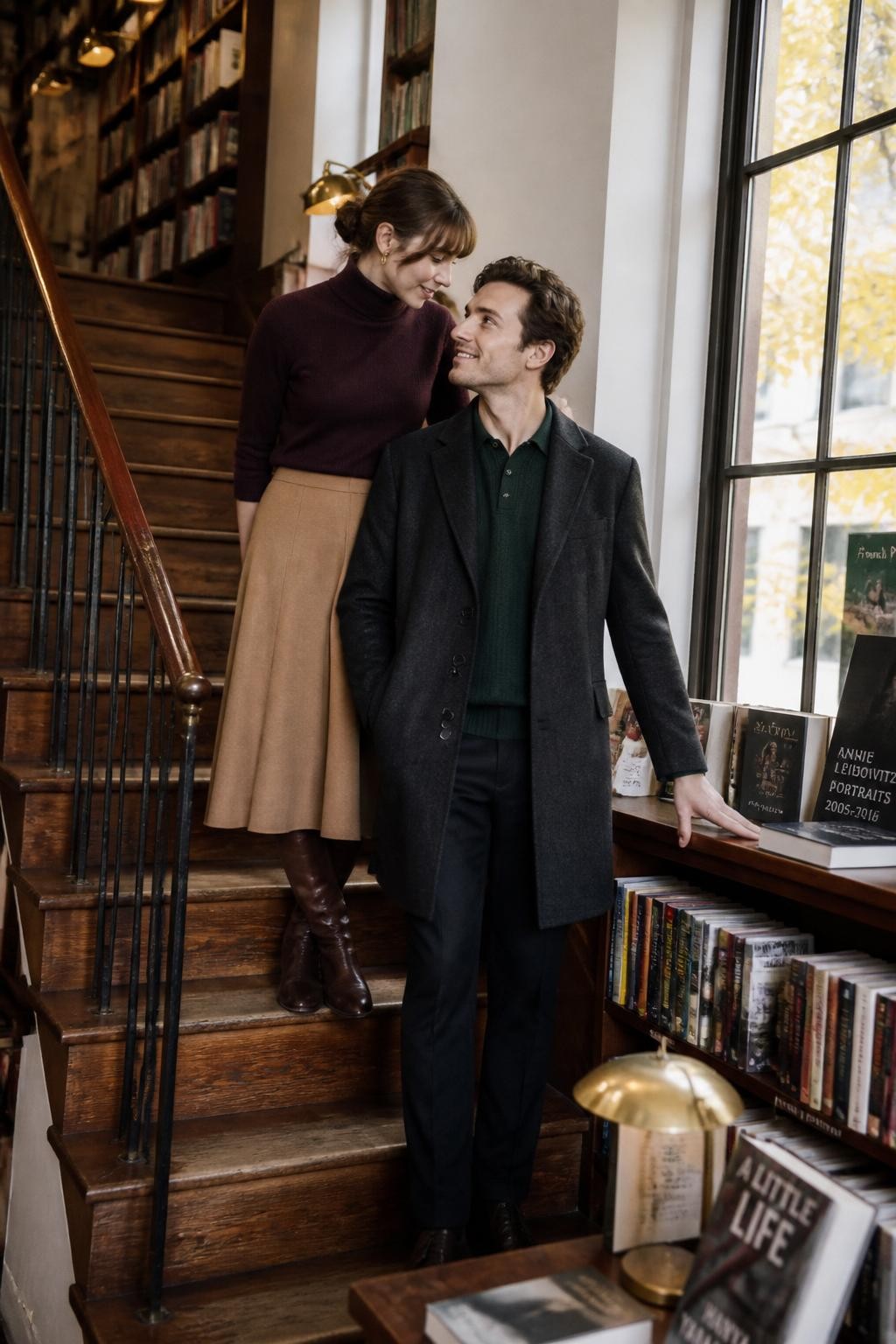 Image Prompt: A realistic indoor editorial photograph of a young white couple standing on different levels of a wide wooden staircase inside an independent bookstore. The woman wears a deep plum turtleneck, camel midi skirt, and brown boots. The man wears a forest green knit polo beneath a charcoal coat with dark trousers. She stands one step higher and leans slightly toward him as though whispering, while he looks up with a soft smile and one hand resting on the railing. Bookshelves, brass reading lamps, and a tall window revealing yellow leaves frame the staircase. Natural pale skin texture, realistic wood and knit details, soft window light, affectionate but subtle body language.