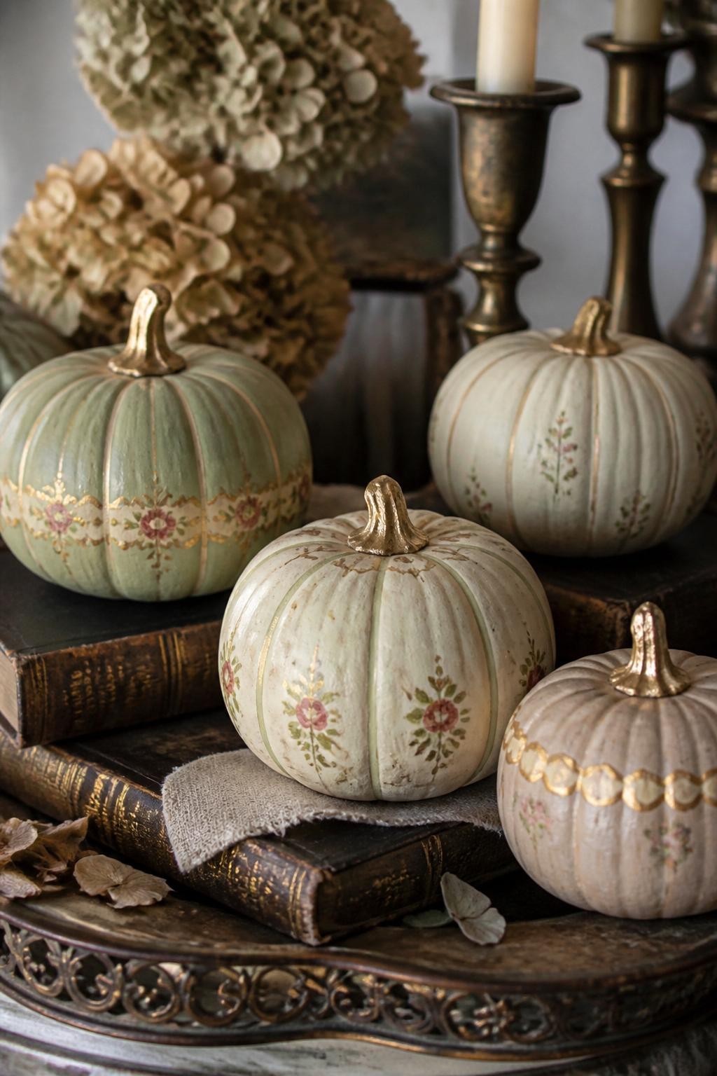 Image Prompt: A realistic DSLR photo of small pumpkins painted to look like vintage fall ornaments, with soft faded stripes, tiny florals, gold accents, and scalloped borders, arranged on an antique tray with old books, brass candlesticks, and dried hydrangeas, nostalgic editorial fall decor style.