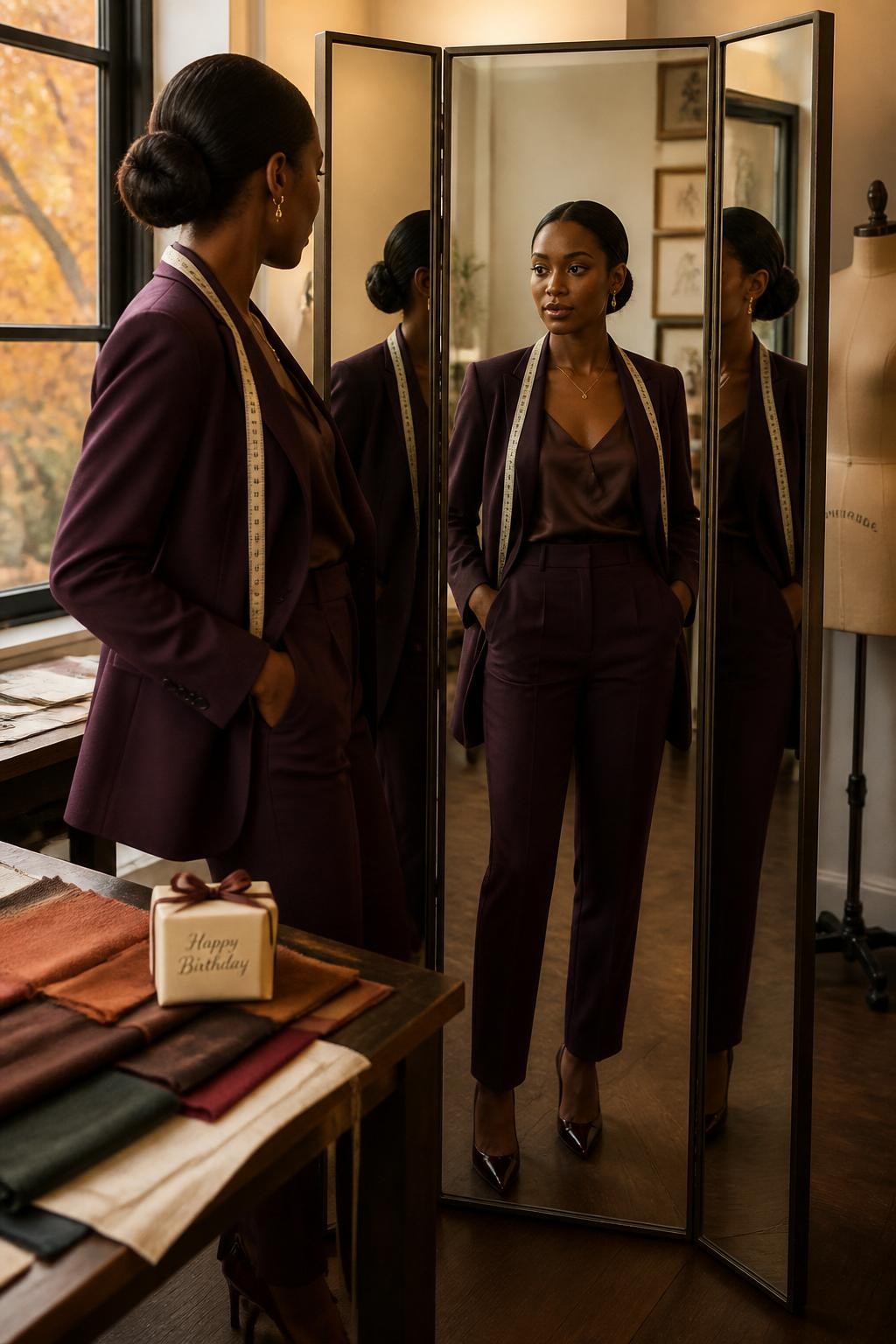 Image Prompt: A realistic editorial portrait of a young Black woman inside a softly lit tailoring studio during fall. She wears a beautifully fitted deep plum trouser suit over a cocoa silk camisole, with pointed dark heels and delicate gold jewelry. Her natural hair is styled in a smooth low bun. A tailor’s measuring tape rests loosely around her shoulders while she studies her reflection in a tall three-panel mirror. Fabric swatches in rust, olive, cream, and burgundy lie across a cutting table beside a small wrapped birthday gift. Warm window light, accurate deep brown skin tone, realistic mirror reflections, crisp tailoring, visible fabric weave, elegant 2026 fashion photography.