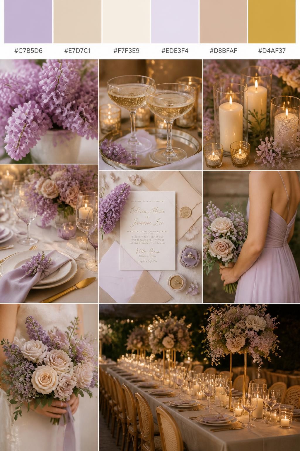 Image Prompt:
A realistic wedding mood board with a top strip of color swatches and small hex codes in lilac, champagne, cream, pale lavender, warm nude, and soft gold. Below, show a romantic collage of wedding details: lilac flowers, champagne glassware, cream candles, soft table styling, invitation flat lays, a cropped bridesmaid dress detail from the neck down, hands holding a bouquet, and a no-people reception table glowing under warm candlelight. Keep the collage polished, soft, and romantic with DSLR-style realism. Use no clear faces, with side angles, back views, detail-only shots, and no-people scenes. 9:16 vertical format. (no watermarks on images)