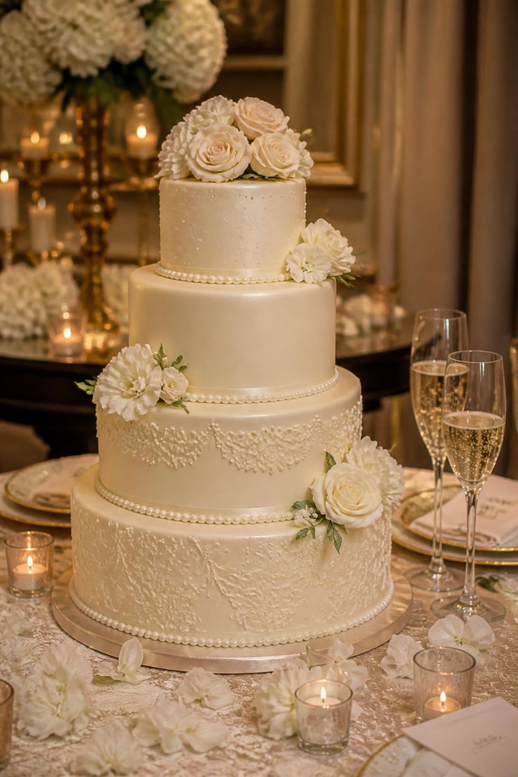 Image Prompt: Ultra-realistic wedding reception photo of a champagne-toned French wedding cake with smooth buttercream or fondant tiers, delicate pearl details, soft ivory flowers, and a refined romantic finish. Place the cake on a luxury wedding cake table with candles, champagne glasses, white florals, fine linens, gold-rimmed table details, and a softly blurred elegant reception backdrop. Keep the cake as the main focus. No visible faces. If people appear, show only cropped hands, side views, back views, or neck-down figures. Realistic champagne icing color, soft pearl shine, warm DSLR event photography. (no watermarks on images)