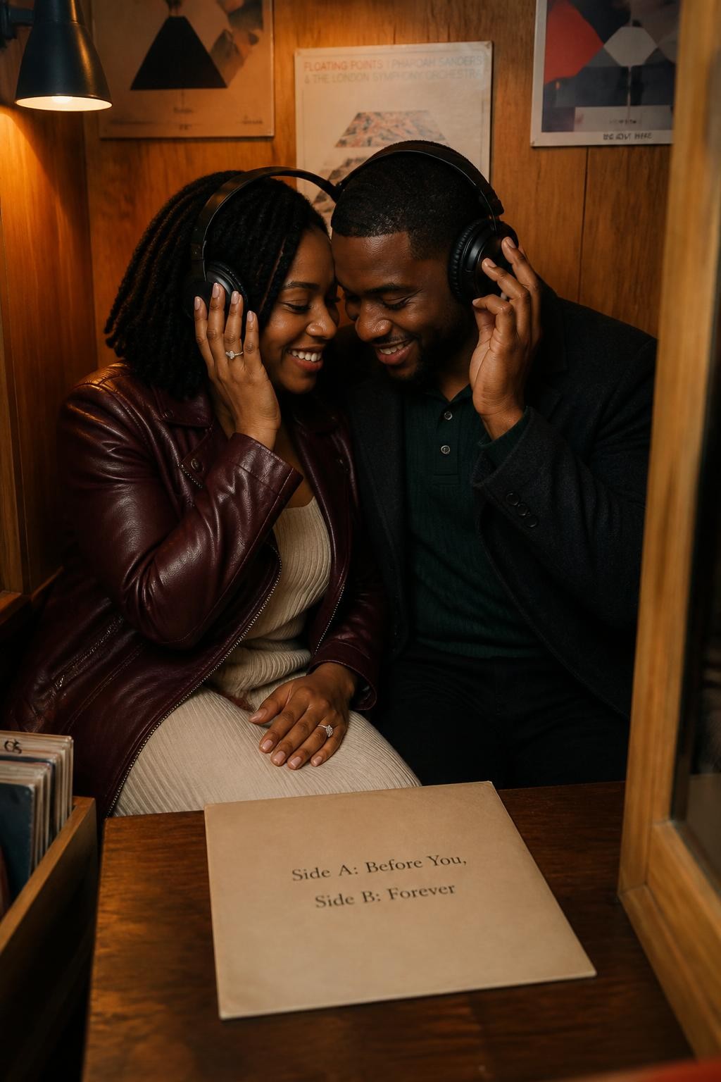 Image Prompt: A realistic indoor editorial photograph of a newly engaged Black couple inside a small listening booth at an independent record shop. The woman has medium-deep brown skin and wears a dark cherry leather jacket over a cream knit dress, with her natural hair in shoulder-length twists. The man has deep brown skin and wears a forest green knitted polo beneath a charcoal coat. They share one pair of large over-ear headphones, each holding one side while leaning close and smiling. A custom plain record sleeve on the table reads “Side A: Before You, Side B: Forever,” in tasteful generic lettering. Warm wood-paneled walls, abstract album covers, low amber lighting, accurate dark skin tones, realistic hands and headphone proportions, intimate modern engagement photography.