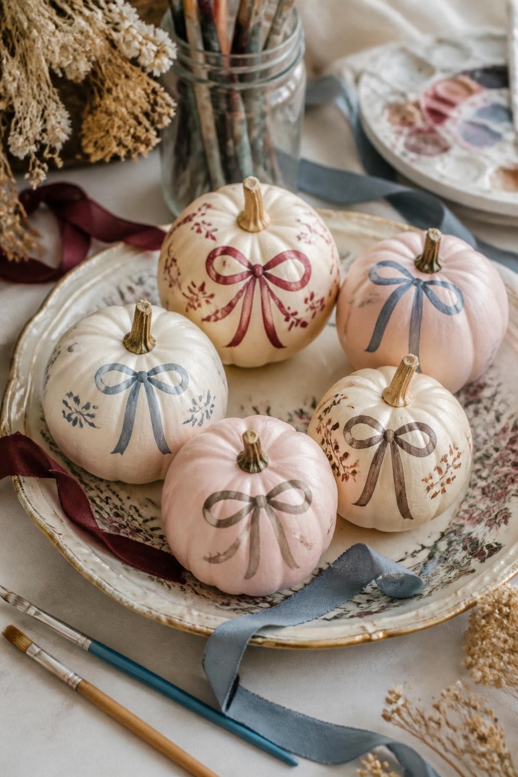 Image Prompt: A realistic DSLR photo of small pumpkins painted in soft cream and blush tones with delicate bow designs in burgundy, dusty blue, and chocolate brown, arranged on a vintage plate with ribbon scraps, paintbrushes, and dried flowers, bright editorial craft photography.