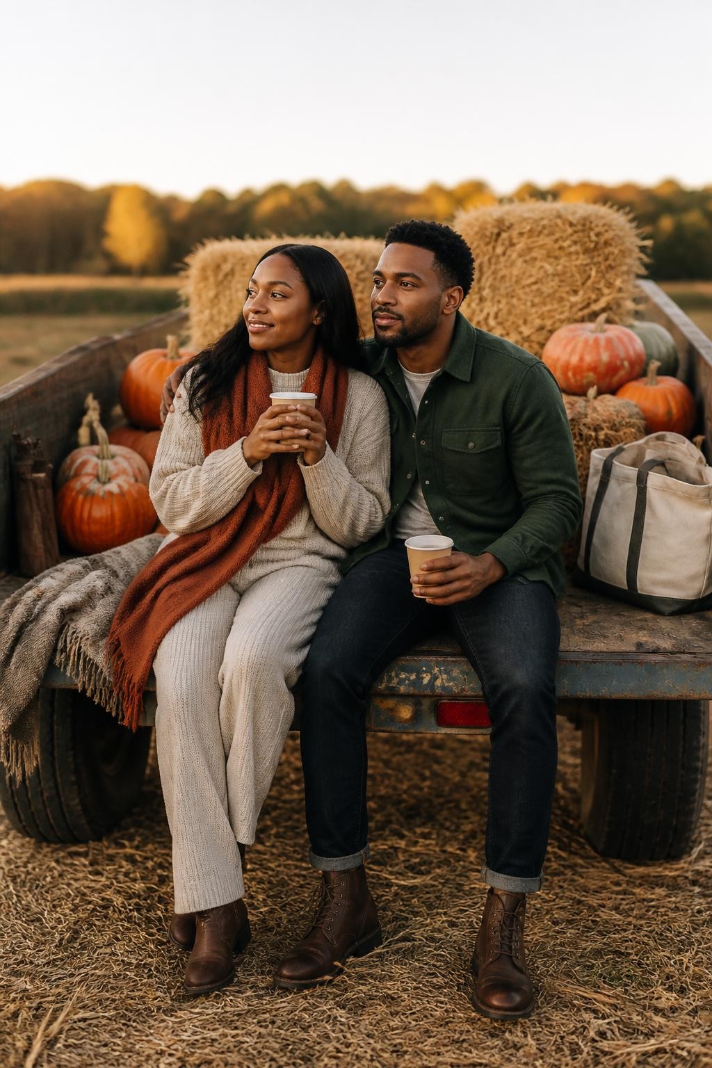 Image Prompt: A realistic DSLR lifestyle photograph of a young Black couple sitting at the open back of a small farm trailer loaded with pumpkins and straw. The woman wears an oatmeal knit set with a rust scarf, while the man wears a forest green overshirt, dark jeans, and brown boots. They sit side by side with their legs hanging naturally, sharing a paper cup of warm cider and looking toward the field. A folded blanket, canvas tote, and several mixed-color pumpkins sit behind them. Soft golden-hour light, natural deep and medium-brown skin tones, realistic straw and fabric textures, candid body language, polished autumn storytelling.