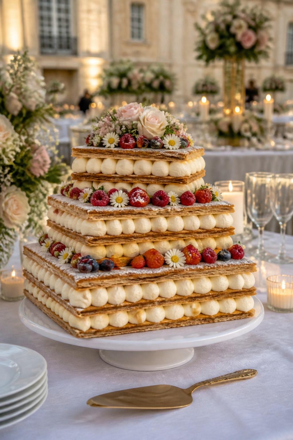 Image Prompt: Ultra-realistic wedding party photo of a mille-feuille inspired French wedding cake with delicate pastry layers, cream filling, powdered sugar detail, fresh berries, and small flowers. Place the cake on an elegant dessert table at a real wedding reception with candles, floral centerpieces, fine linens, glassware, and a softly blurred French-inspired venue backdrop. Keep the cake as the main subject. No visible faces. If guests appear, show only back views, side views in blur, cropped hands, or neck-down figures. Realistic flaky pastry texture, cream detail, soft wedding lighting, DSLR editorial photography. (no watermarks on images)