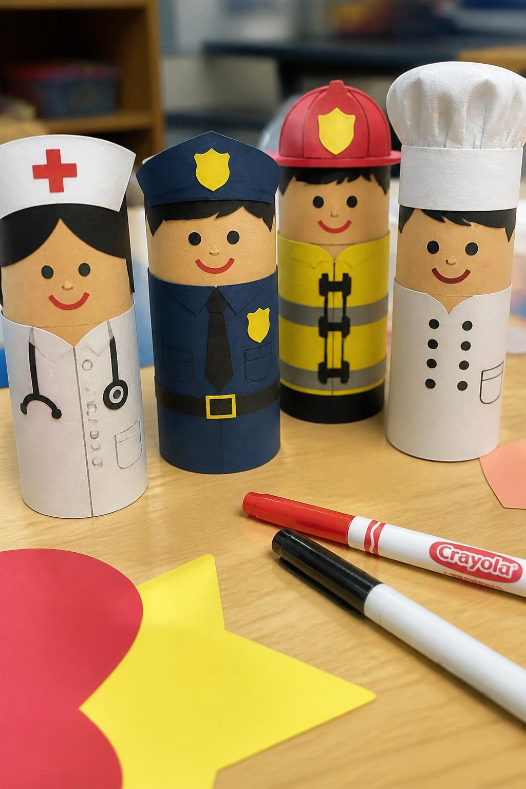 Image Prompt: Photo of finished cardboard tube community helper crafts, eye-level close-up, arranged on a classroom activity table with large paper shapes and washable markers nearby, soft craft room lighting, figures occupying most of the frame, colorful uniforms and simple handmade faces clearly shown, realistic craft photography, latest iPhone photo quality.