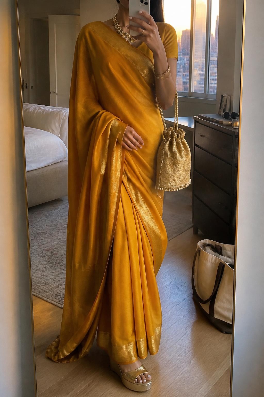 Image prompt
mirror selfie of a woman wearing a mustard silk blend saree with a gold border and a matching blouse, a kundan necklace set, gold wedges, and a gold potli bag, holding a phone in front of a mirror, cropped at NECK so face doesn't show, with a natural casual selfie pose, in a city apartment, evening golden hour, including small lived-in details like a tote bag on the floor, sunglasses on a dresser, or soft bedding in the background, latest iPhone photo quality.