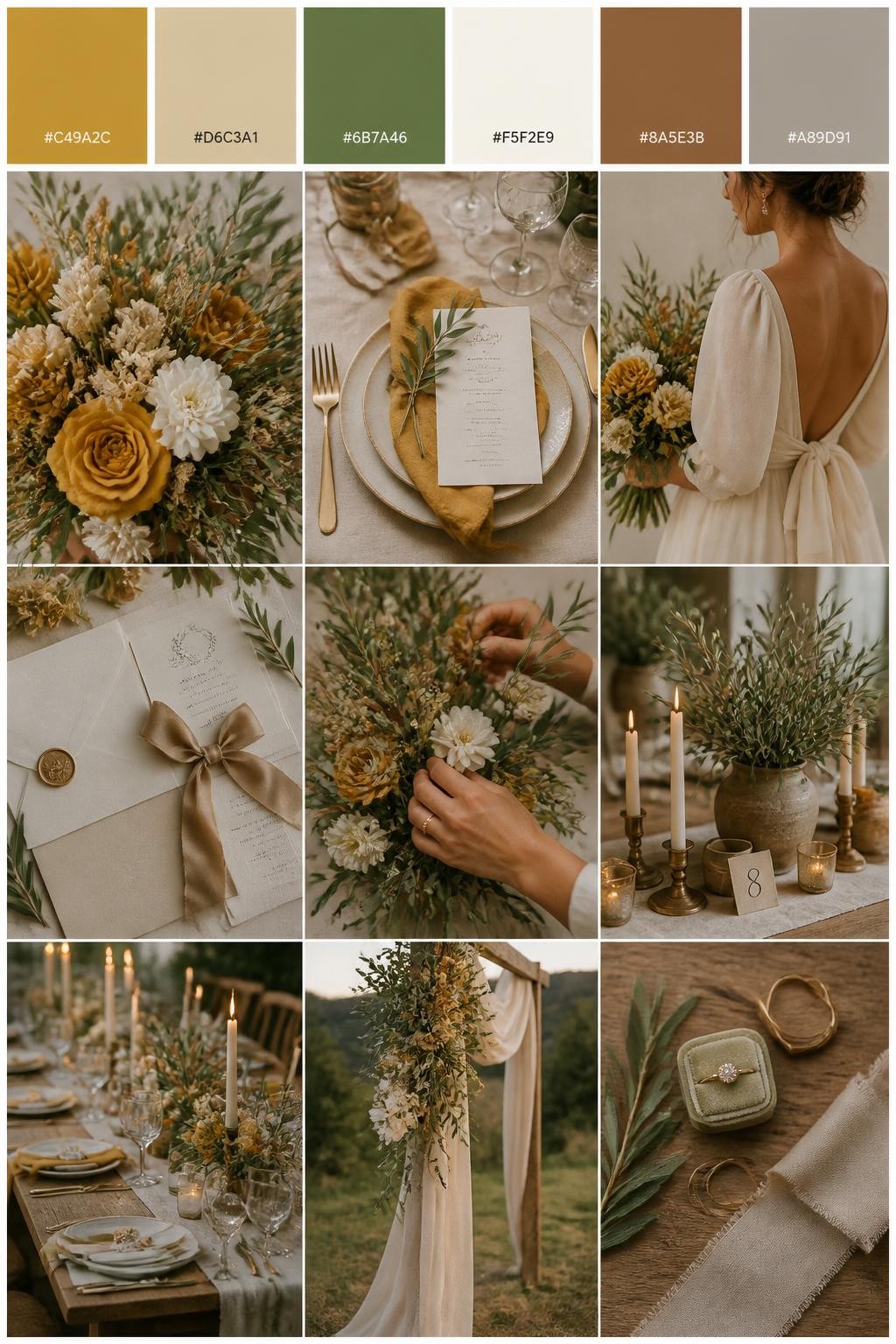 Image Prompt:
A realistic wedding inspiration mood board with a top strip of swatches and hex codes in mustard, beige, olive green, cream, warm brown, and soft taupe. Below, create a polished collage with mustard flowers, olive branches, beige table linens, elegant table settings, silk ribbon stationery, a cropped dress shot from below the chin, hands arranging flowers, and candlelit reception decor with rustic wood textures. Use a mix of no-people flat lays, bouquet close-ups, back-view styling, and side-angle detail photos with no visible full faces. The mood should feel warm, earthy, and romantic with realistic DSLR photo quality. 9:16 vertical format. (no watermarks on images)