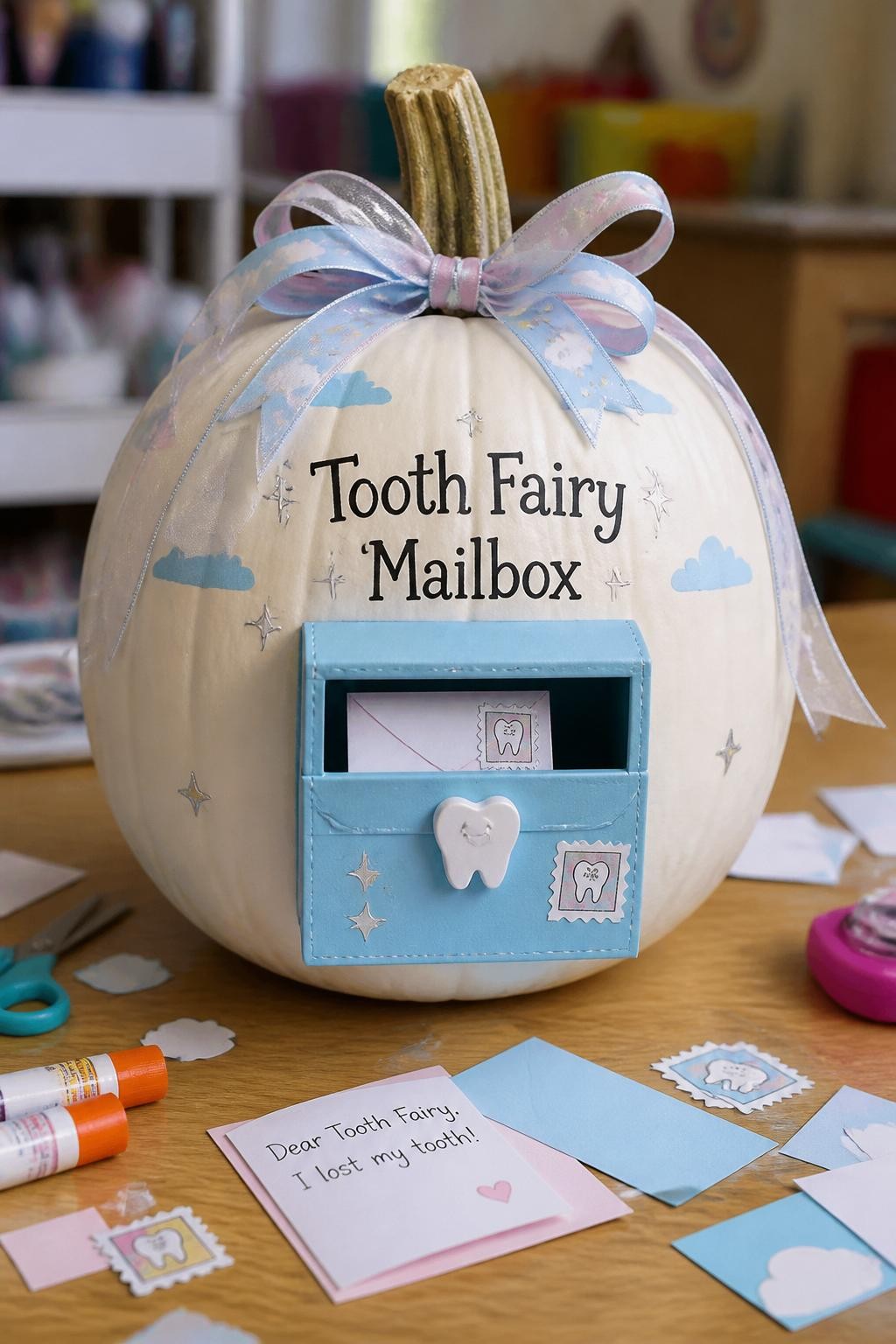 Image Prompt: A realistic DSLR photo of a white pumpkin decorated as a cute tooth fairy mailbox, with a small blue paper mailbox attached to the front, tiny envelopes, tooth-shaped stamps, silver stars, painted cloud details, and pastel ribbon around the stem, displayed on a classroom craft table with paper scraps and glue sticks, cheerful magical fall craft scene.