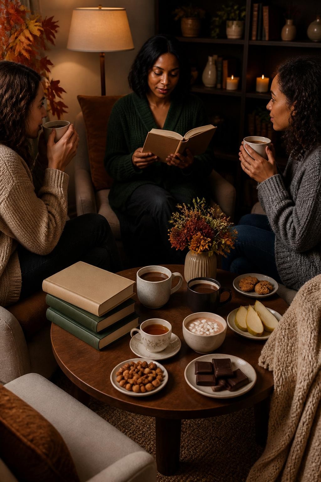 Image Prompt: A comfortable reading corner prepared for an autumn book pairing evening, three books with blank covers arranged beside cups of tea, hot chocolate, coffee, and small plates of biscuits, dark chocolate, pear slices, and toasted nuts, a Black woman in a forest-green cardigan reading from a novel while two friends taste different drinks, soft armchairs, floor lamp, knitted blanket, warm evening light, editorial DSLR lifestyle photography, no readable titles, no text overlay.