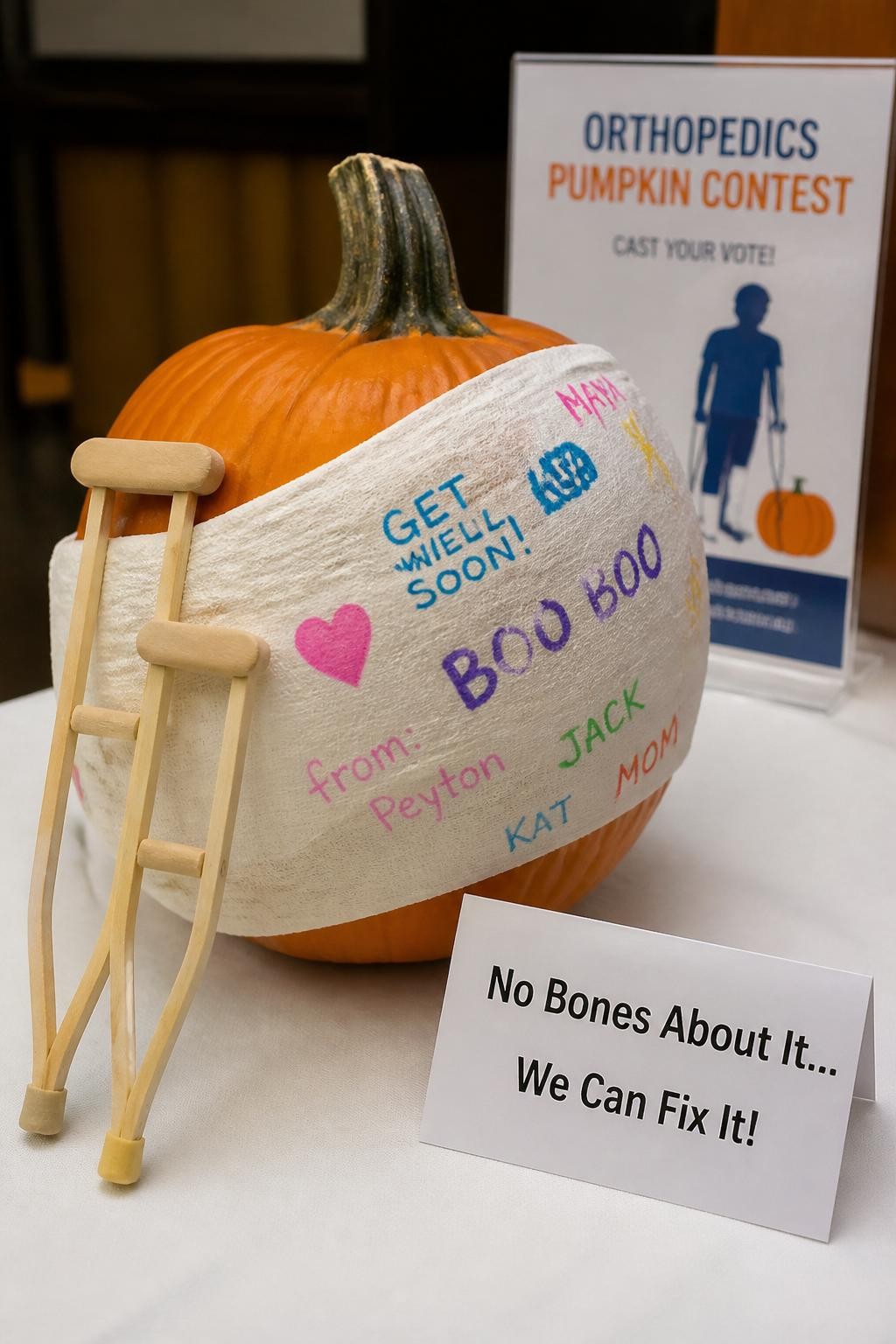 Image Prompt: A realistic DSLR photo of a round orange pumpkin with a white paper cast wrapped around one side, colorful doodles and signatures on the cast, mini crutches made from wooden sticks, orthopedic clinic sign, clean table setup, warm indoor light, playful medical contest display with realistic craft details.