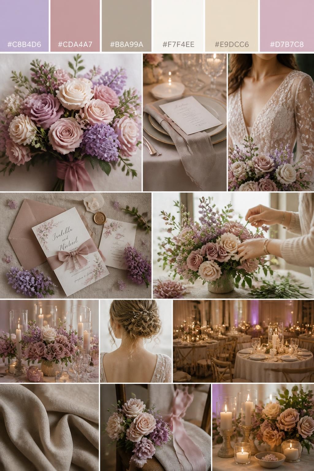 Image Prompt:
A realistic wedding inspiration mood board with a top strip of swatches and hex codes in lilac, dusty rose, taupe, ivory, warm beige, and soft mauve. Below, create a polished collage with dusty rose flowers, lilac blooms, taupe linens, elegant table settings, silk ribbon stationery, a cropped dress shot from below the chin, hands arranging flowers, and candlelit reception decor. Use a mix of no-people flat lays, bouquet close-ups, back-view styling, and side-angle detail photos with no visible full faces. The mood should feel soft, romantic, warm, and refined with realistic DSLR photo quality. 9:16 vertical format. (no watermarks on images)