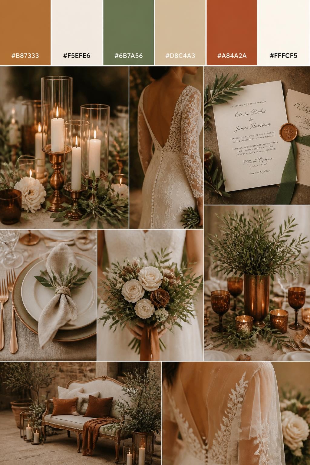Image Prompt:
A realistic wedding inspiration collage with a top color strip showing hex-coded swatches in copper, cream, olive green, warm beige, terracotta, and ivory. Below the palette strip, create a realistic wedding mood board with copper candle holders, olive branches, cream flowers, invitation flat lays, cropped dress detail shots, hands holding a bouquet, and no-people decor scenes in warm romantic light. Use back views, side views, shoulder-down crops, and detail-only shots so no full faces are visible. The mood should feel rich, warm, earthy, and elegant with DSLR-style realism. 9:16 vertical format. (no watermarks on images)