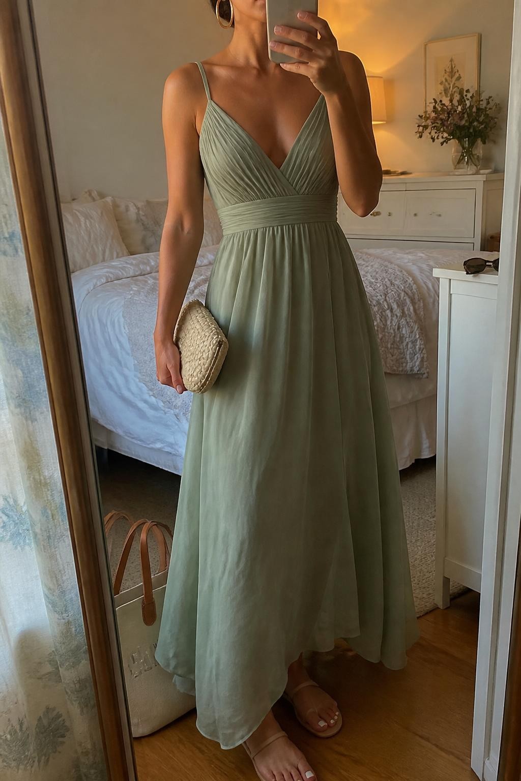 Image prompt
mirror selfie of a woman wearing a sage green chiffon maxi dress with a flowy skirt, medium gold hoop earrings, nude flat sandals, and a small woven clutch, holding a phone in front of a mirror, cropped at NECK so face doesn't show, with a natural casual selfie pose, in a feminine-themed bedroom, evening golden hour, including small lived-in details like a tote bag on the floor, sunglasses on a dresser, or soft bedding in the background, latest iPhone photo quality.