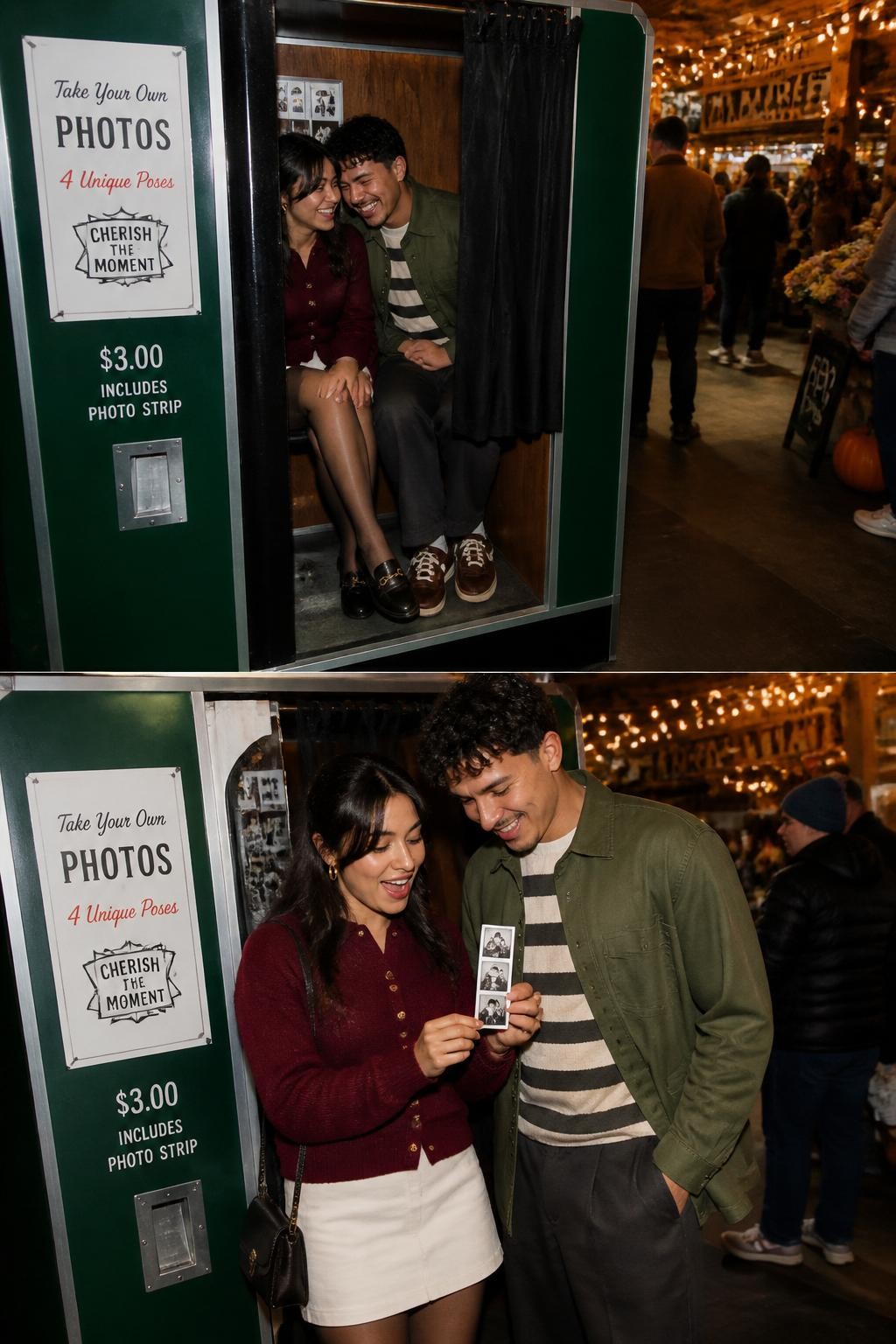 Image Prompt: A realistic direct-flash photograph of a young Latino couple inside and beside a vintage-style photo booth at an indoor fall market. The woman wears a dark red cardigan, cream mini skirt, sheer tights, and loafers. The man wears an olive overshirt over a striped sweater, dark trousers, and leather sneakers. One frame shows them squeezed inside the booth laughing, while another shows them standing outside examining a freshly printed generic photo strip. Warm market lights, wooden stalls, flowers, and passing visitors appear in the background. Natural olive skin tones, realistic flash shadows, believable photo-strip size, crisp fabric detail, energetic romantic atmosphere.