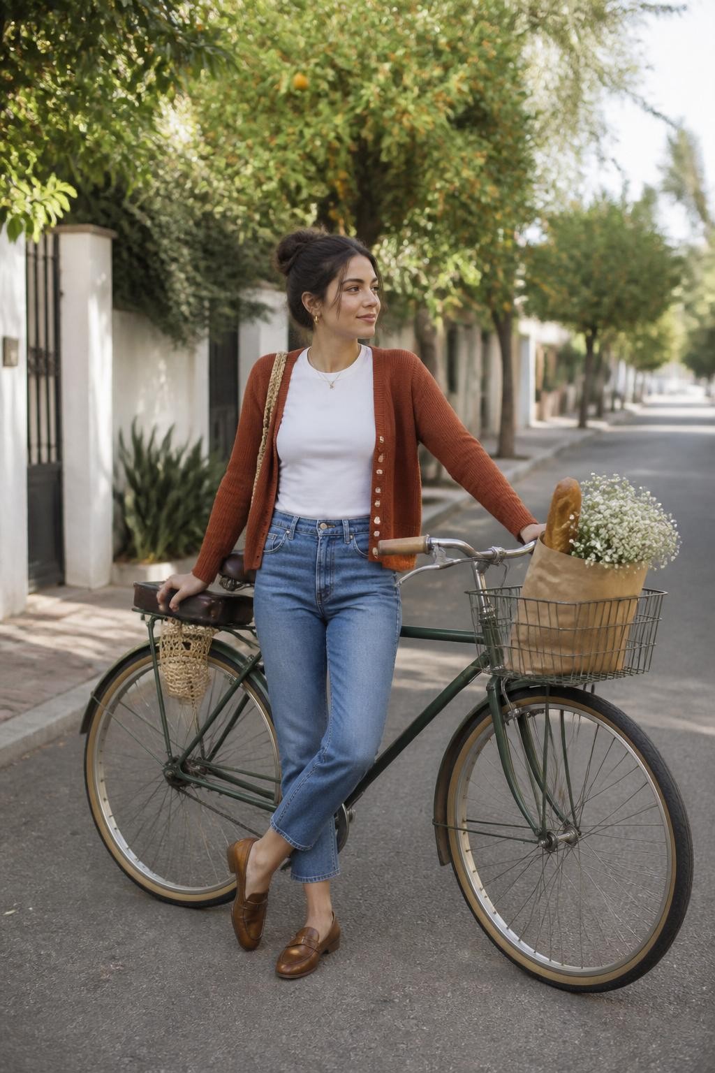 Image Prompt: A realistic outdoor lifestyle photograph of a young Latina woman standing beside a vintage-style dark green bicycle on a quiet residential street lined with orange trees. She wears cropped straight-leg jeans, a rust cardigan over a white fitted shirt, brown loafers, and a woven shoulder bag. One hand rests lightly on the bicycle seat while the other holds the handlebar. She crosses one ankle behind the other and leans a small amount toward the bicycle, looking down the street rather than at the camera. A paper bag with bread and flowers sits inside the front basket. Late-morning daylight, realistic olive skin tone, believable bicycle proportions, natural fabric texture, soft background blur, modern neighborhood editorial photography.