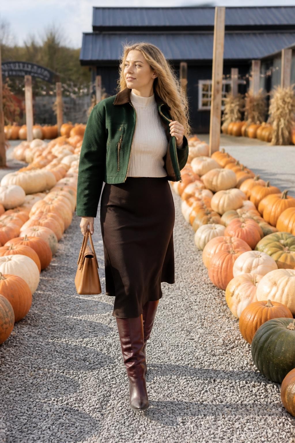 Image Prompt: A realistic full-body DSLR fashion photograph of a young white woman walking confidently through a wide row of pumpkins at a modern pumpkin farm. She wears a cropped forest green barn jacket, a fitted cream knit top, a dark chocolate midi skirt, and burgundy knee-high boots. One hand holds a structured tan bag while the other lightly catches the hem of her jacket. Capture her mid-stride with one foot forward and her face turned slightly away from the camera. Pumpkins in burnt orange, pale peach, and muted green line both sides of the path, creating natural leading lines. Soft late-afternoon sunlight, realistic pale skin texture, visible knit and leather detail, subtle movement in the skirt, polished editorial fall photography.