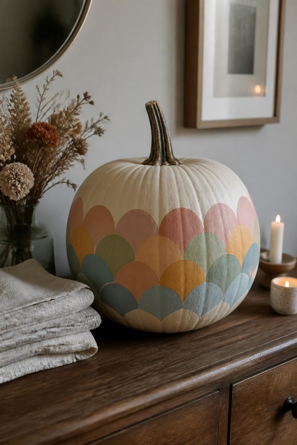 Horizontal 16:9 natural iPhone photograph of a cream real pumpkin painted with overlapping scallop rows around the lower two-thirds in pale peach, dusty pink, muted mustard, sage green, and soft blue, natural stem, displayed on a dining sideboard beside folded linen, small candles, and dried flowers, soft afternoon daylight, visible curved brushstrokes, realistic handmade finish, no text.