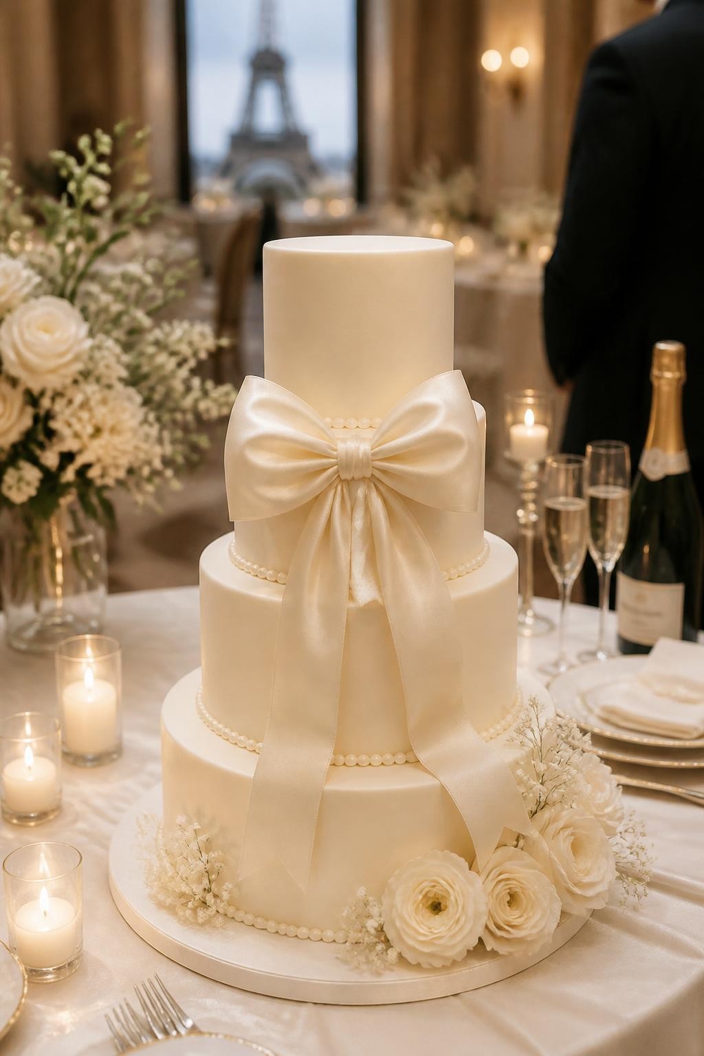 Image Prompt: Ultra-realistic wedding reception image of a French-inspired ribbon bow wedding cake with smooth ivory tiers and a soft satin-style fondant bow wrapped neatly around one tier. Add delicate flowers, pearl details, or light gold accents for a refined finish. Place the cake on an elegant wedding cake table with candles, florals, champagne glasses, fine linens, and a softly blurred Parisian-style wedding reception backdrop. No visible faces. If people appear, show only cropped hands, side views, back views, or neck-down figures. Realistic satin bow folds, smooth icing texture, soft romantic DSLR photography. (no watermarks on images)