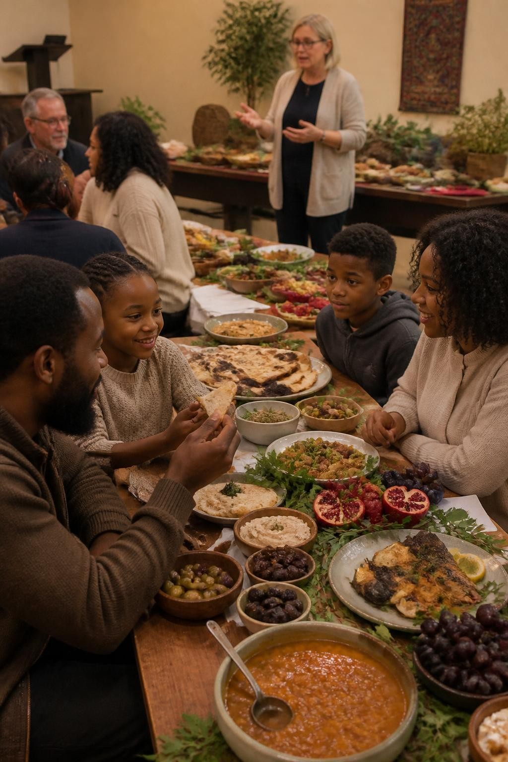 Image Prompt: A church fellowship room arranged for an educational harvest meal inspired by foods from biblical regions, long low tables holding flatbread, lentil stew, olives, dates, grapes, figs, herbs, roasted fish, and pomegranate, participants in ordinary modest fall clothing rather than costumes, a Black family sharing bread while a teacher explains ingredients from a nearby display, warm lantern-style lighting, realistic food textures, tasteful editorial DSLR photography, no theatrical props, no readable text.