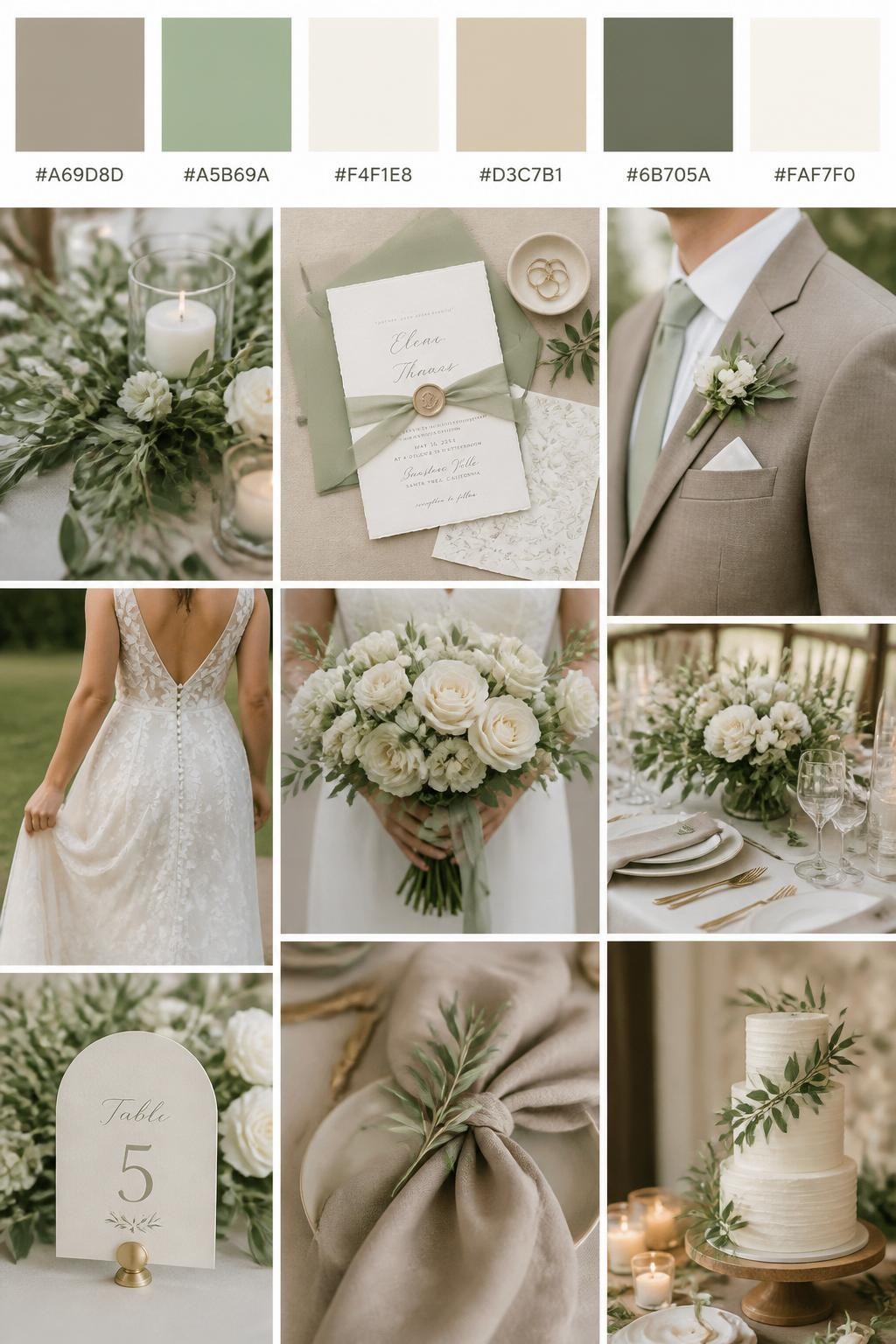 Image Prompt:
A realistic wedding palette board with a top row of color swatches and hex codes in warm taupe, sage green, ivory, beige, muted olive, and soft cream. Below, show a polished collage of sage greenery, ivory flowers, taupe linens, elegant paper goods, a groom suit detail with boutonniere and no visible face, cropped dress shots, bouquet styling in hands-only composition, and a romantic reception table. Use no full faces, with side crops, back views, and no-people decor shots for variety. The mood should feel soft, fresh, earthy, and polished with true-to-life DSLR quality. 9:16 vertical format. (no watermarks on images)