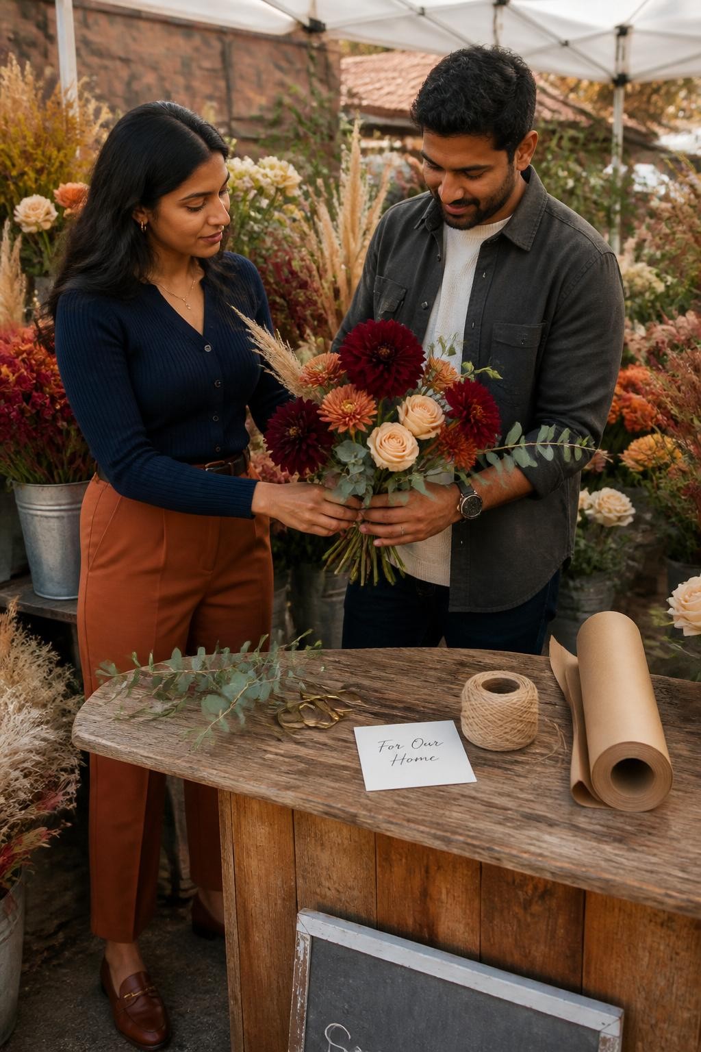 Image Prompt: A realistic outdoor market photograph of a South Asian couple standing beside a fall flower stall filled with burgundy dahlias, rust chrysanthemums, dried grasses, eucalyptus, and pale peach roses. The woman wears a fitted navy cardigan, cinnamon trousers, and brown loafers. The man wears a charcoal overshirt, cream knit top, and dark jeans. They hold one large flower bundle between them while separating it into two smaller arrangements, their hands crossing naturally near the center. A roll of brown paper, twine, flower scissors, and a small card reading “For Our Home” sit on the wooden counter. Soft morning sunlight, natural brown skin tones, realistic floral textures, candid concentration, rich but balanced fall colors.