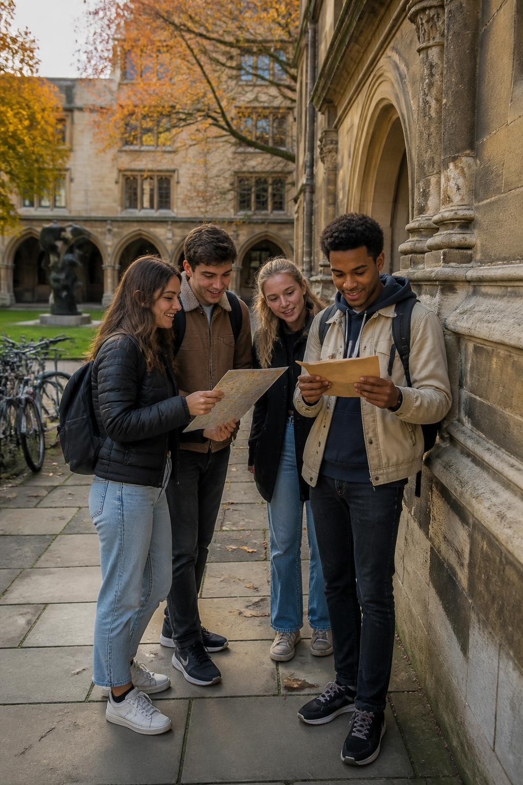 Image Prompt: A group of students completing a mystery route across a historic university campus, one medium-brown-skinned student opening a kraft-paper clue envelope beside an old stone building while friends study a campus map, autumn trees, sculptures, bicycle racks and arched walkways in the background, casual jackets and sneakers, natural movement and curious expressions, crisp afternoon daylight, editorial travel-style DSLR photography, 35mm lens, no readable signs, no text overlay.