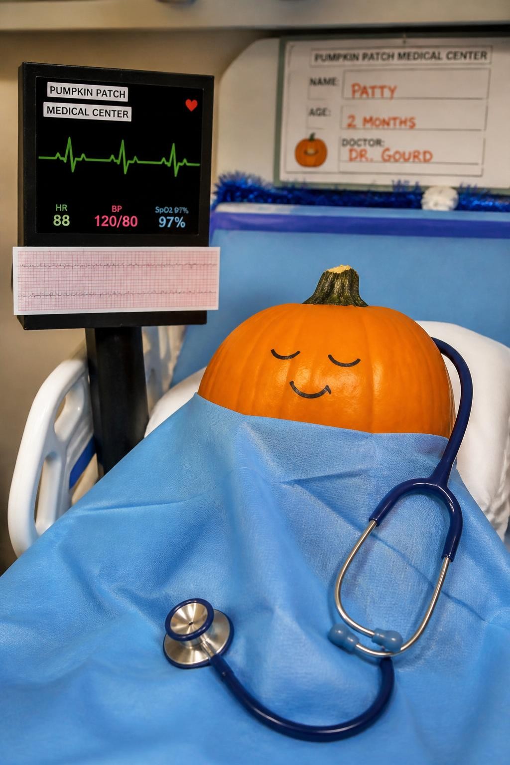 Image Prompt: A realistic DSLR photo of a medium orange pumpkin decorated with a tiny vital signs monitor made from black cardboard, green heartbeat line, small paper chart, toy stethoscope, blue medical drape cloth, and a clean hospital bedside display setup, bright realistic indoor lighting, playful healthcare pumpkin contest photography.